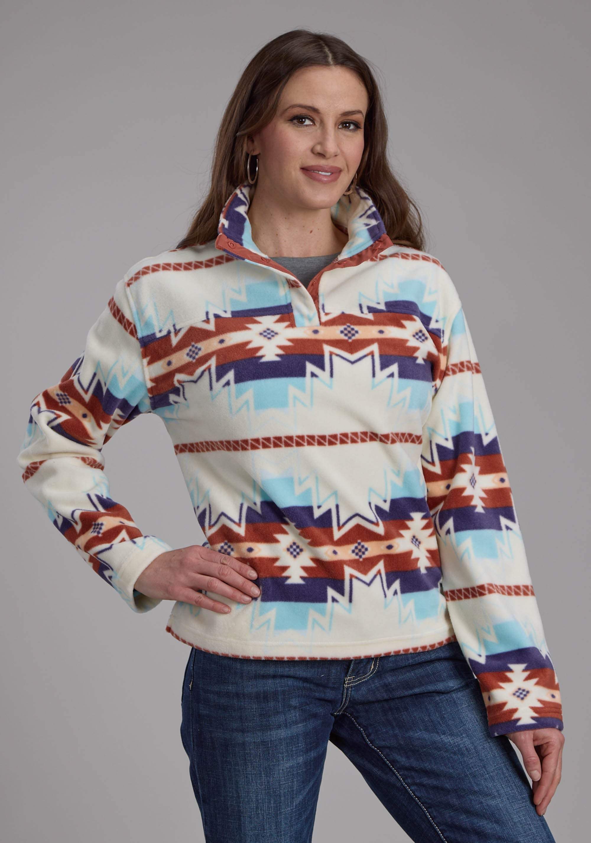 Roper Womens Lg Cream Aztec Printed Fleece Snap Jacket - Roper - Flyclothing LLC
