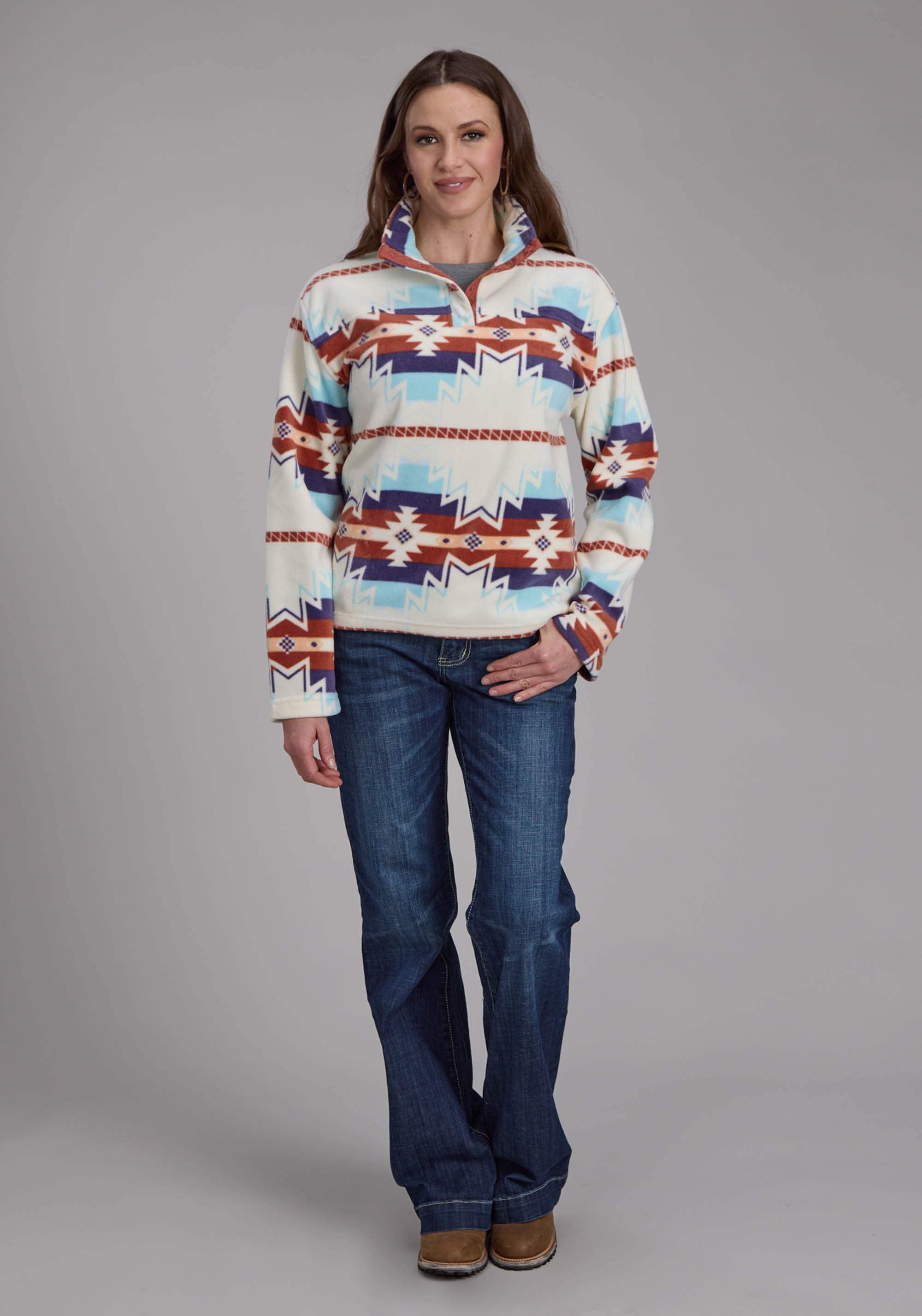 Roper Womens Lg Cream Aztec Printed Fleece Snap Jacket - Roper - Flyclothing LLC