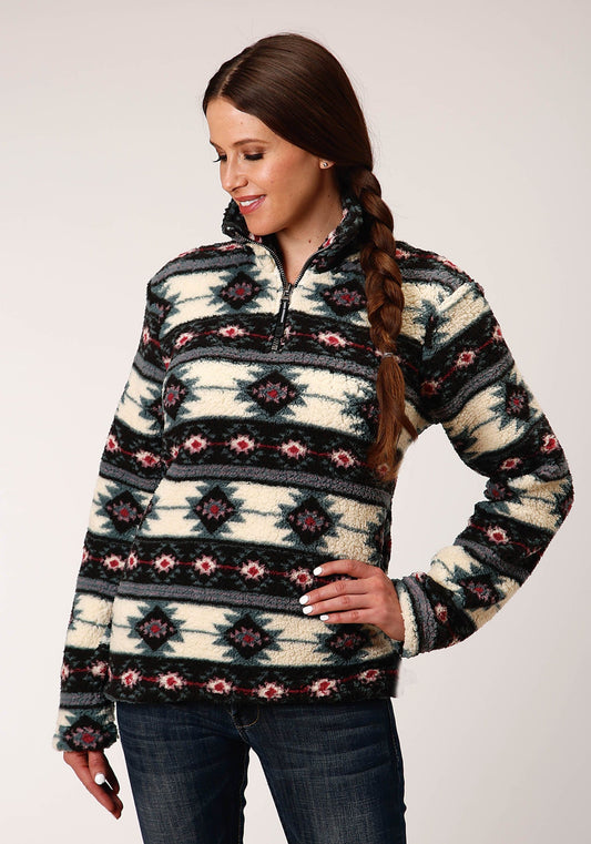 Roper Womens Aztec Print Polar Fleece Zipper Jacket With One Quarter Zip Front - Roper