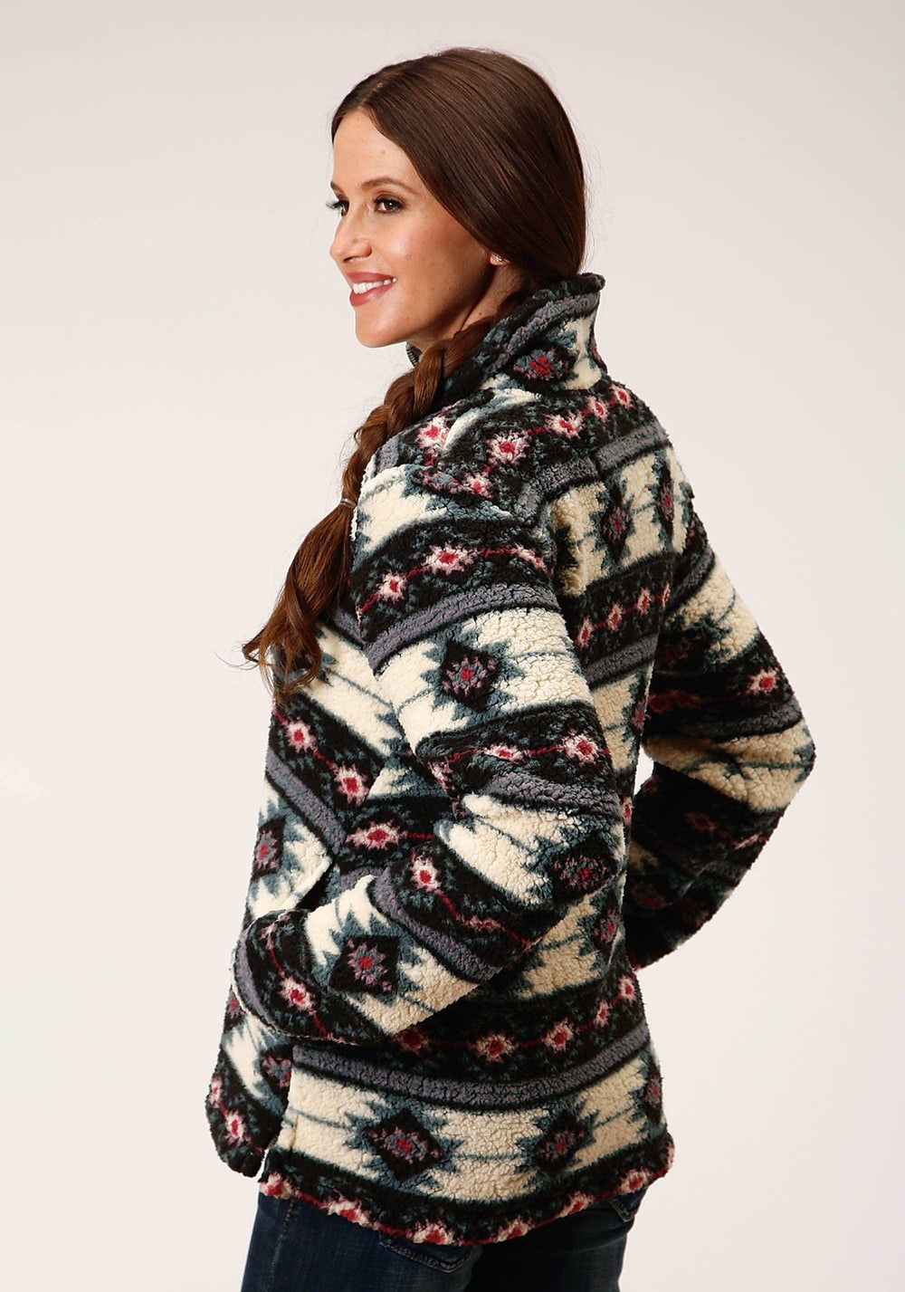Roper Womens Aztec Print Polar Fleece Zipper Jacket With One Quarter Zip Front - Roper - Flyclothing LLC
