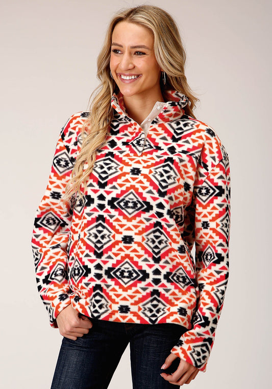 Roper Womens Grey Orange Pink Print Fleece Pullover - Roper