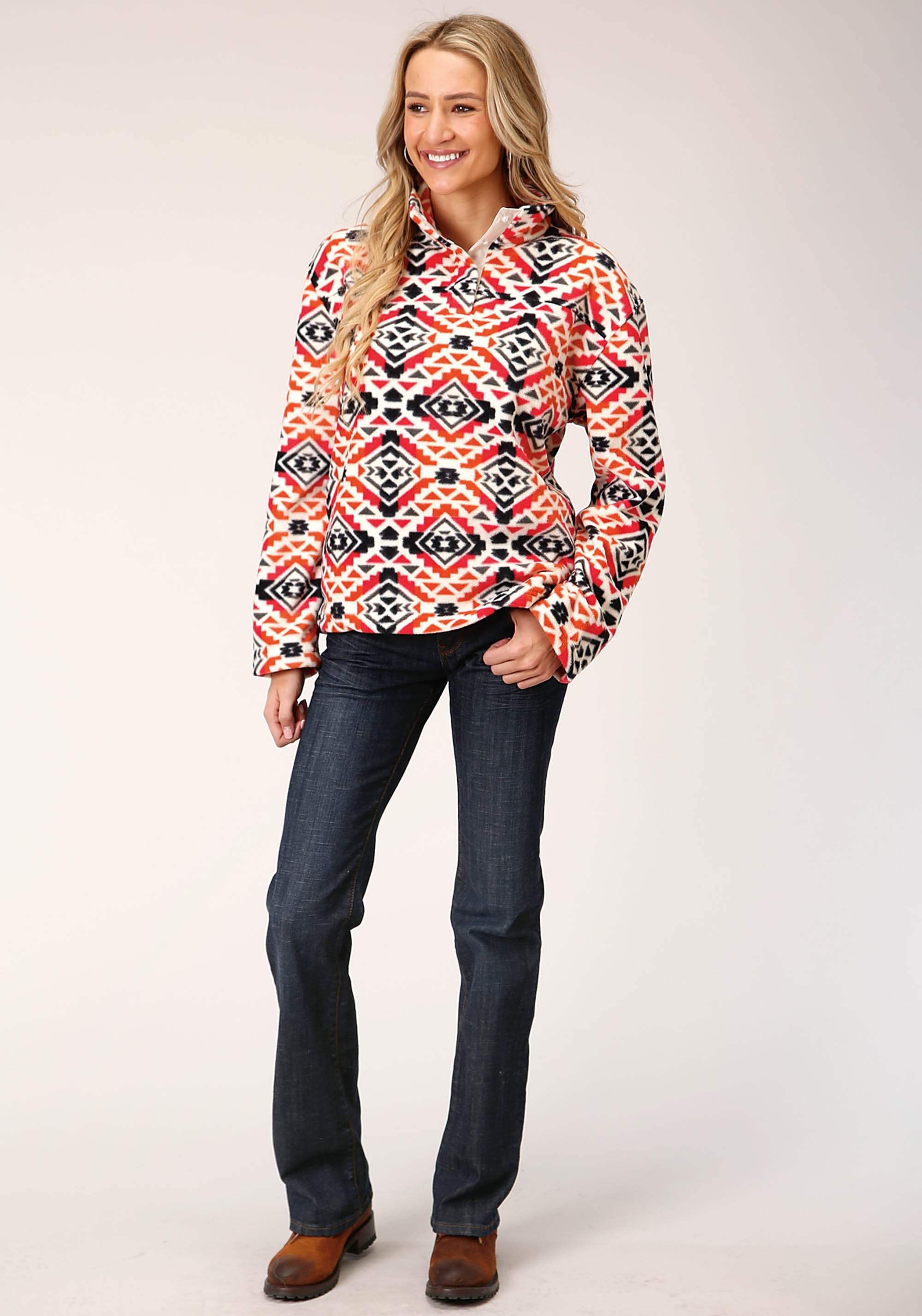 Roper Womens Grey Orange Pink Print Fleece Pullover - Roper - Flyclothing LLC