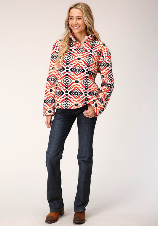 Roper Womens Grey Orange Pink Print Fleece Pullover - Roper