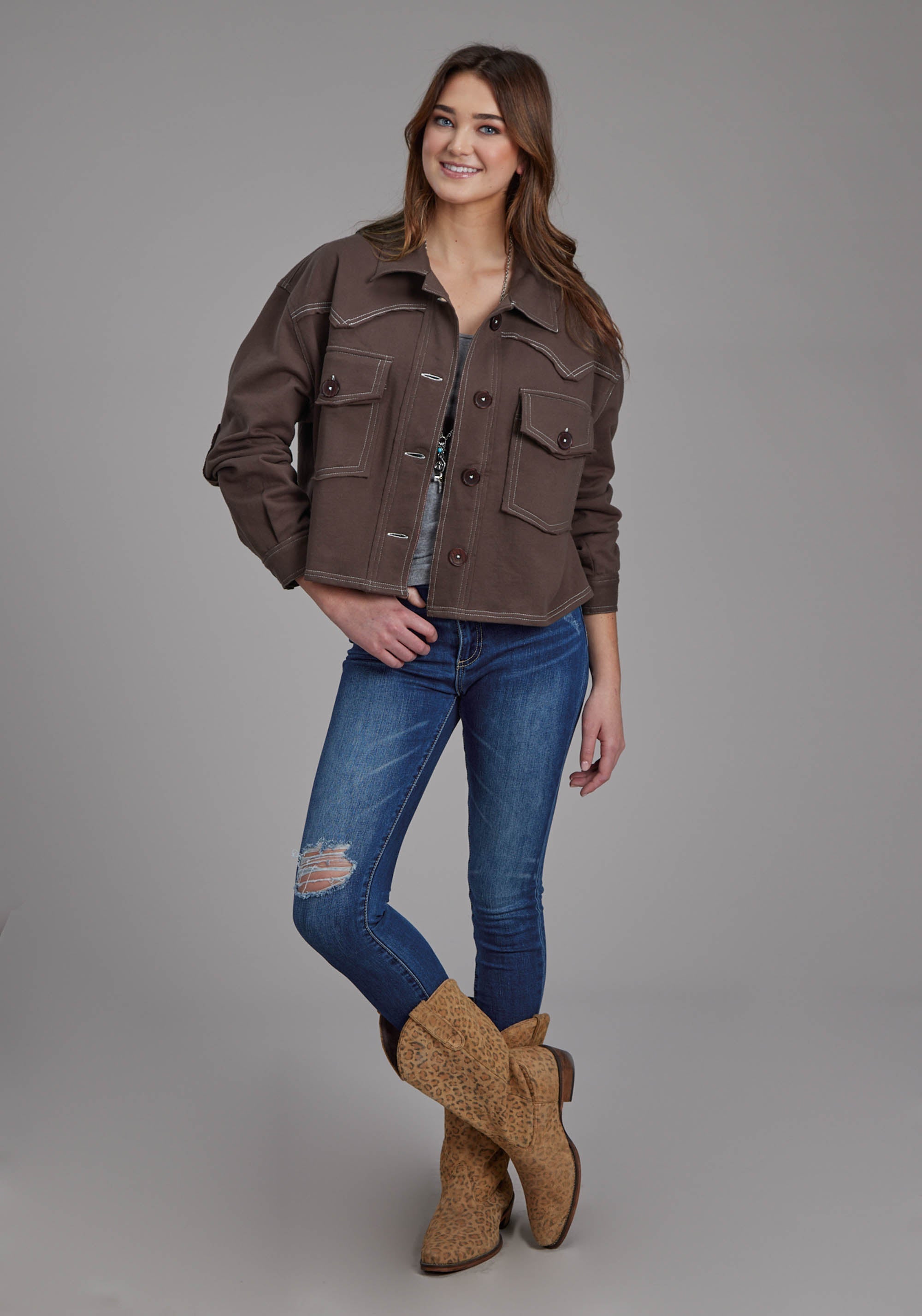 Roper Womens Cotton Fleece Long Sleeve Crop Button Jacket