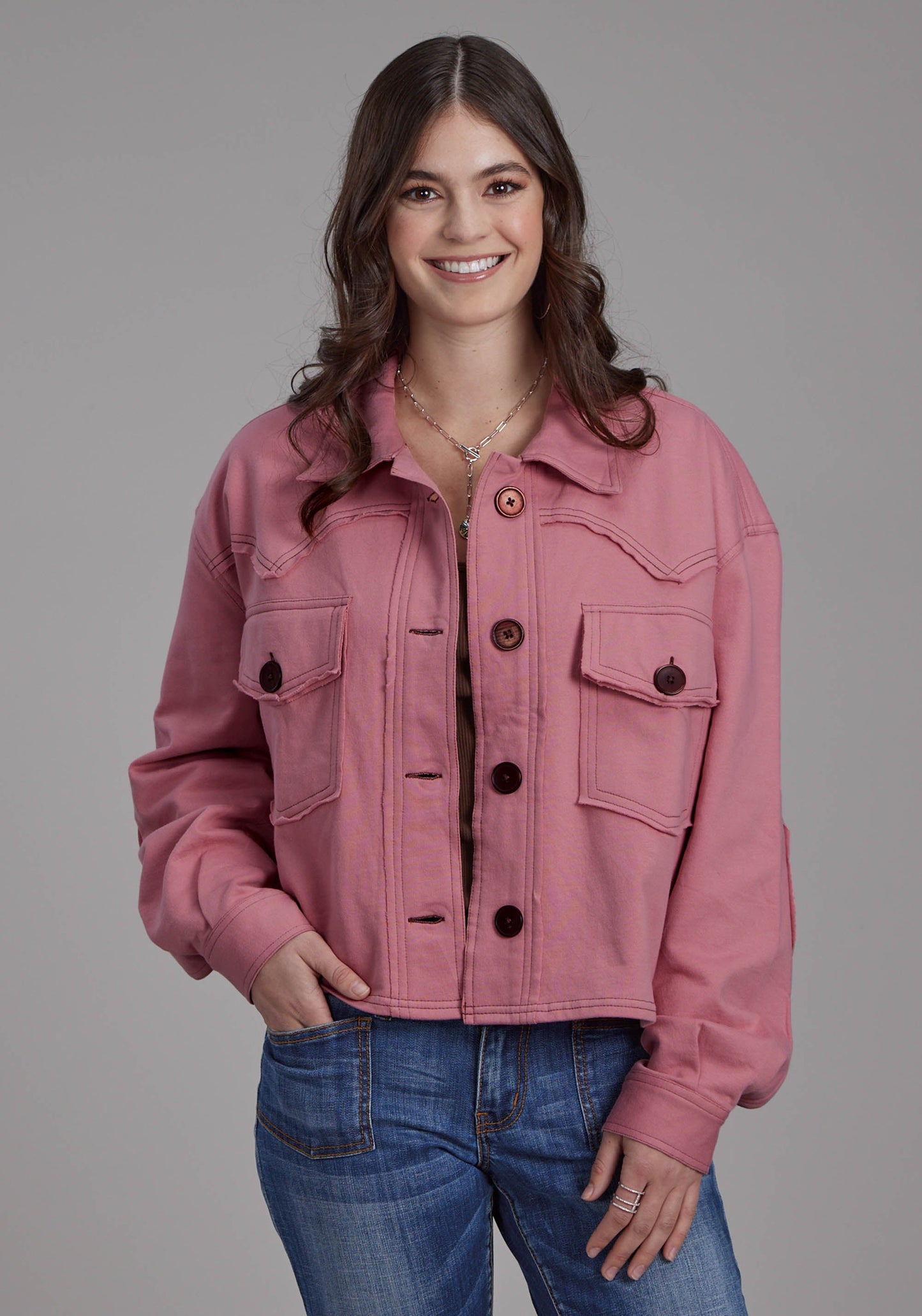 Roper Womens Dusty Pink Fleece Cropped Button Jacket