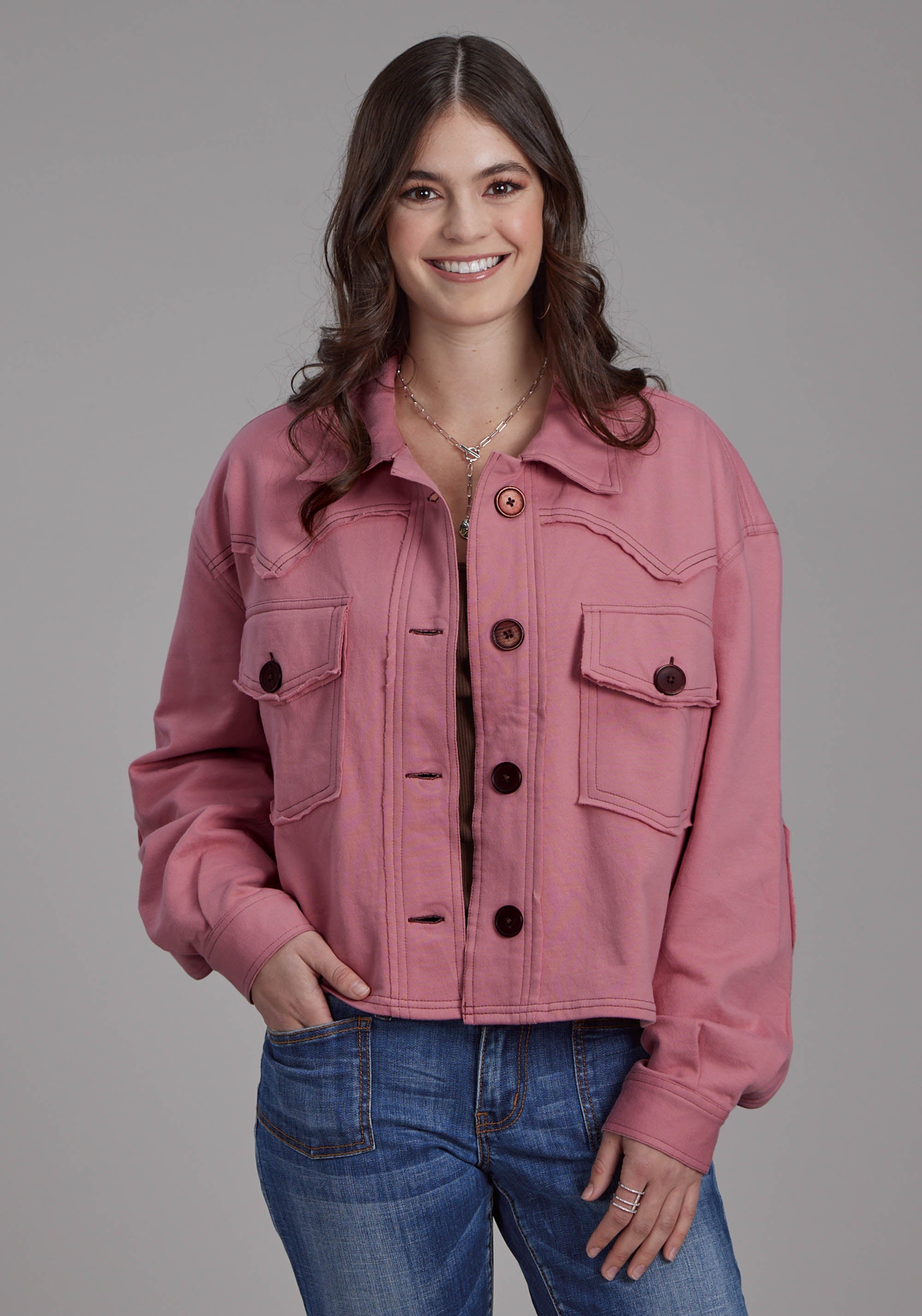 Roper Womens Dusty Pink Fleece Cropped Button Jacket