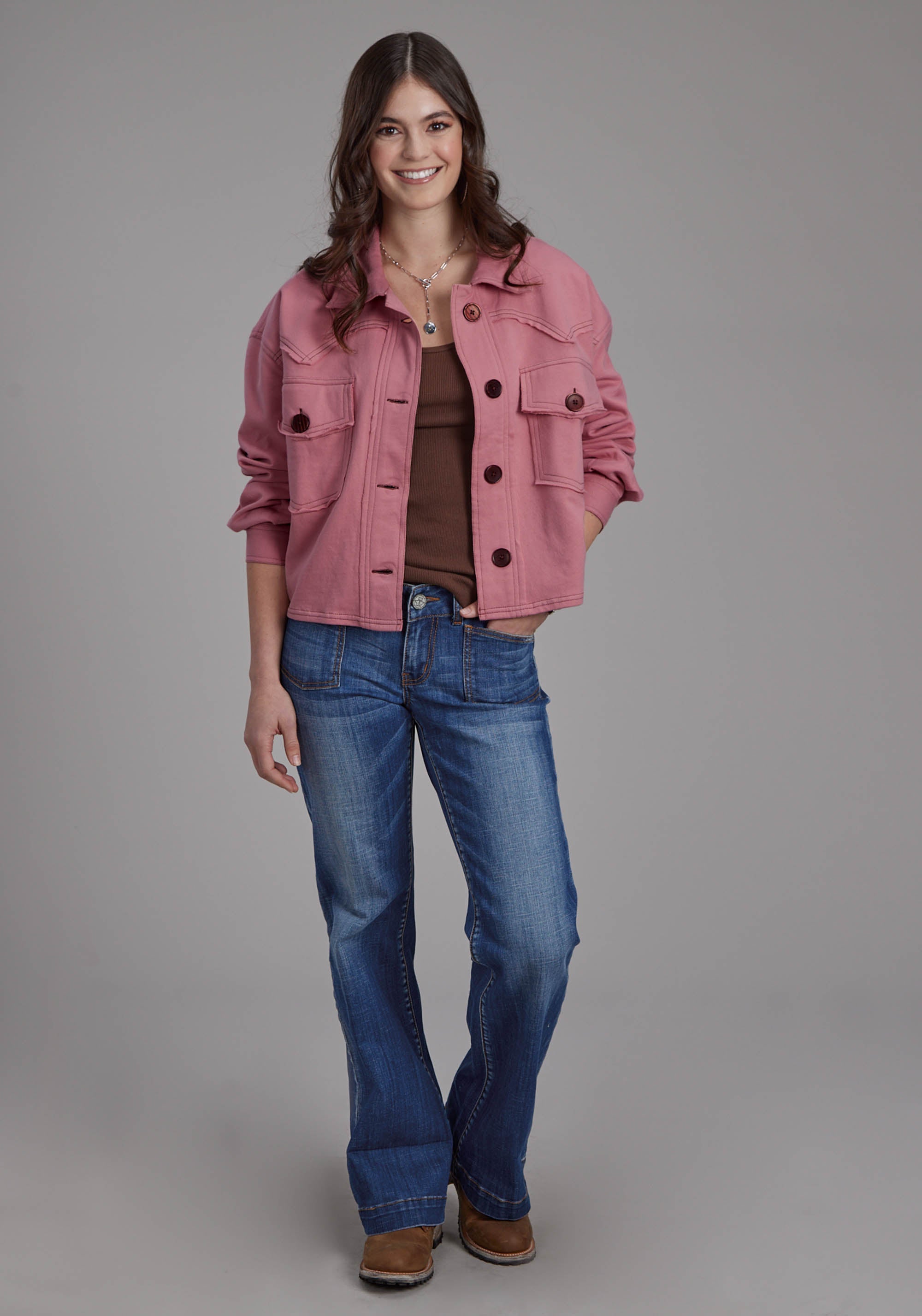 Roper Womens Dusty Pink Fleece Cropped Button Jacket