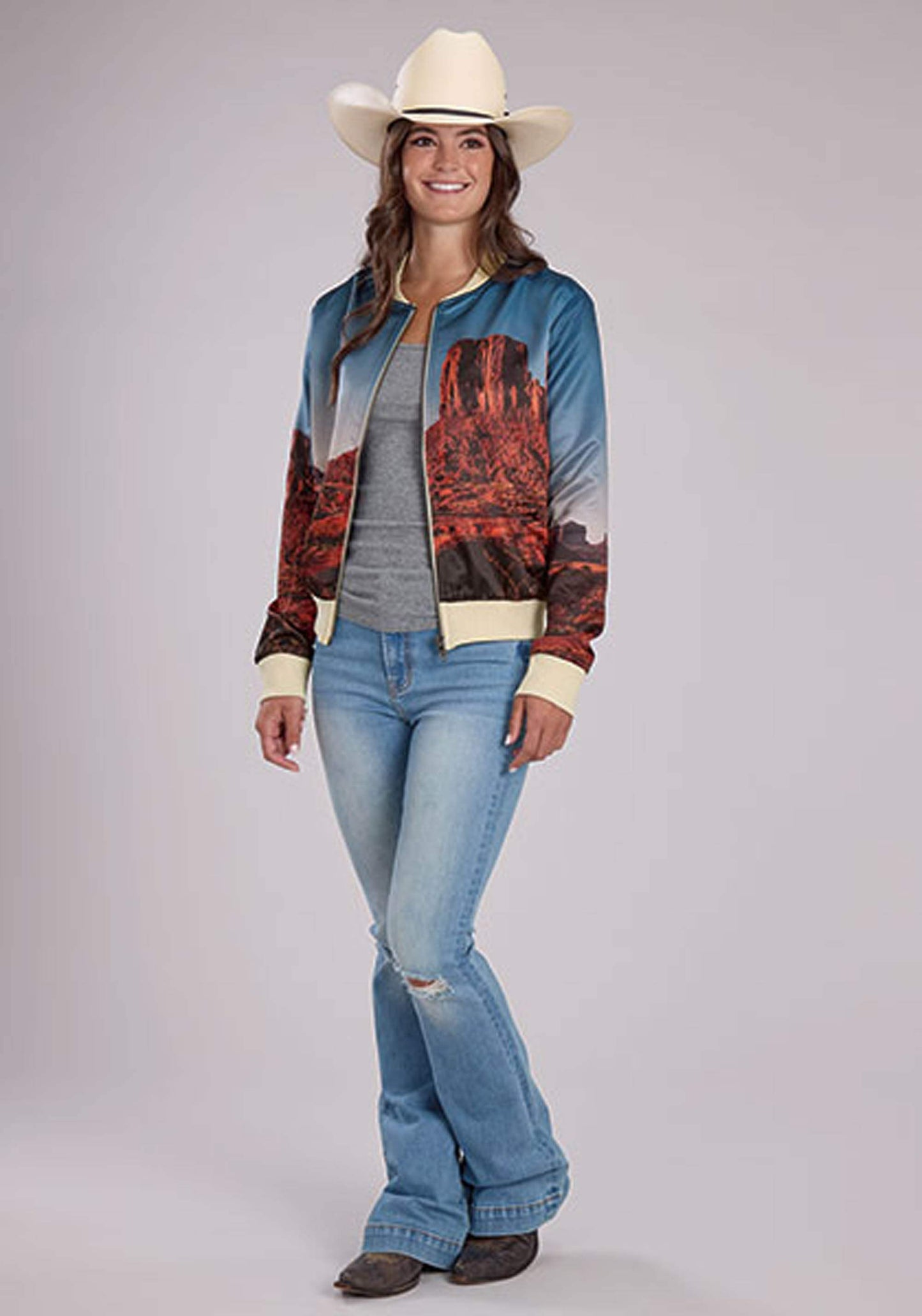 Roper Womens Desert View Print Satin Jacket Zipper Blazer - Roper - Flyclothing LLC