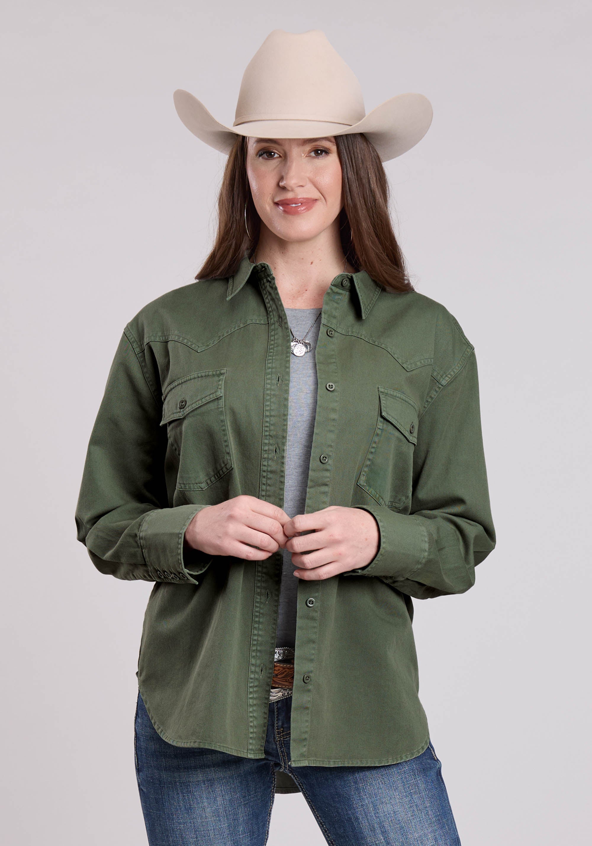 Roper Womens Jacket Button Loden Pigment Dyed Shirt Western Jacket