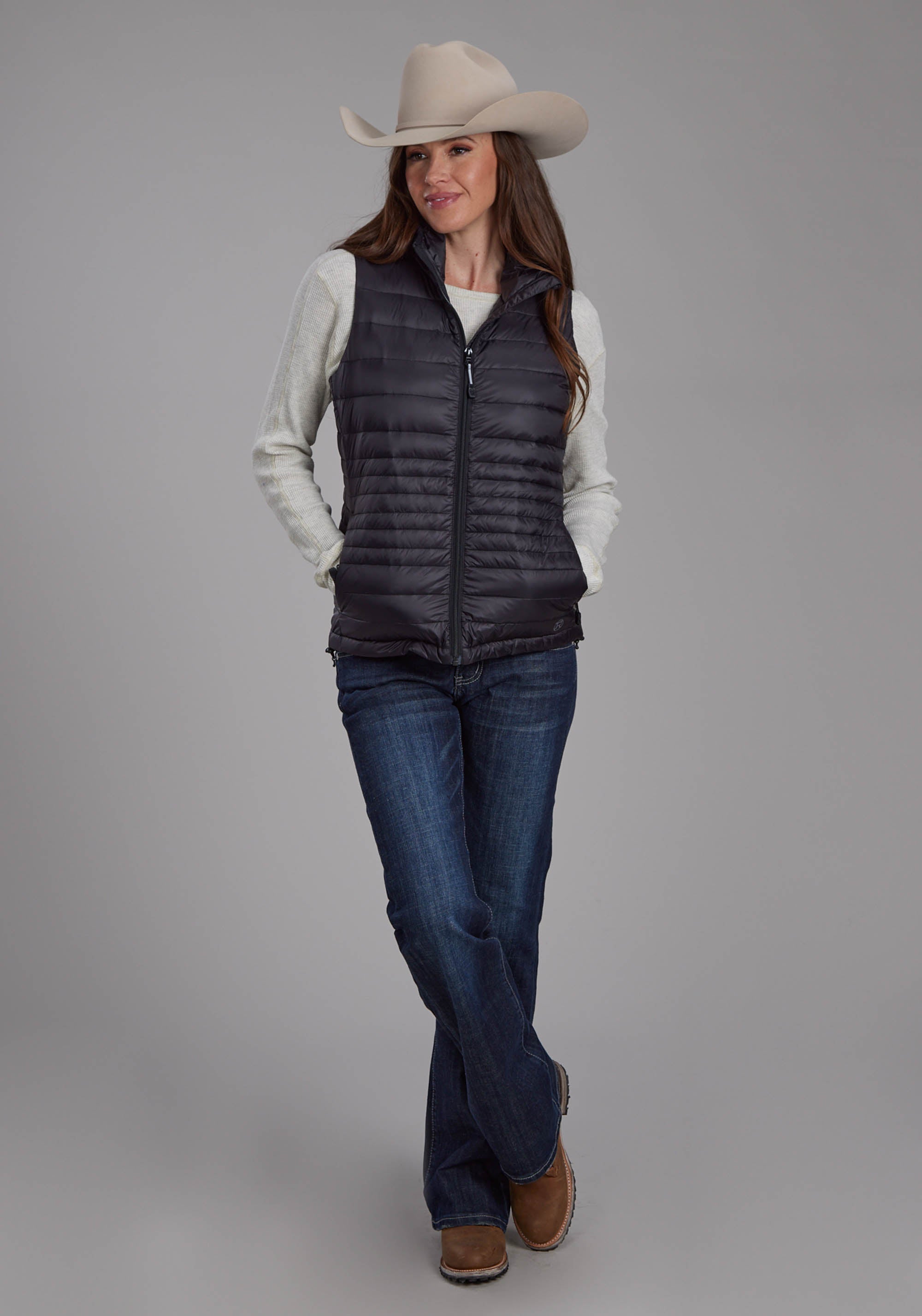 Roper Womens Black Nylon Down Proof Coated Zipper Vest