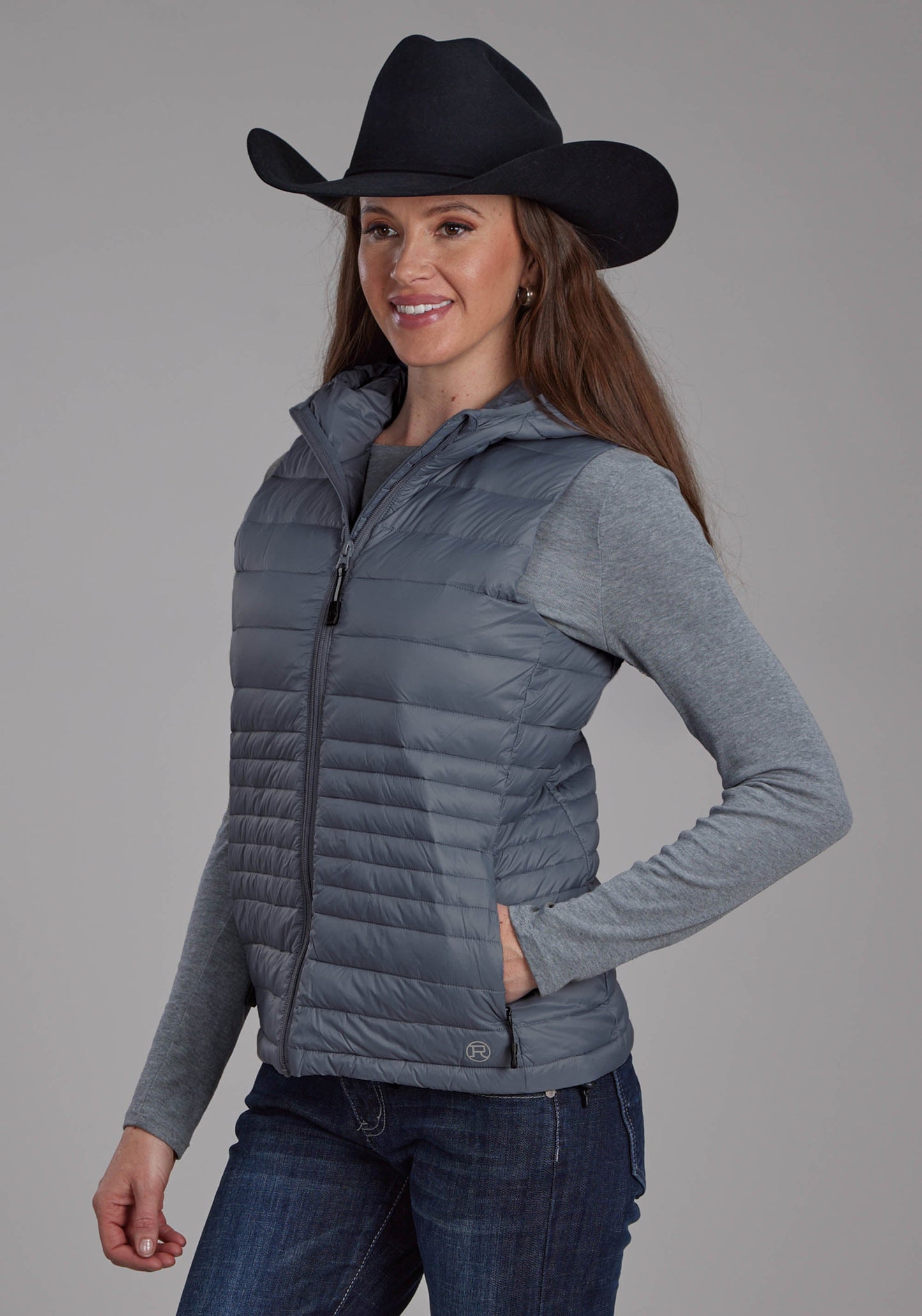 Roper Womens Silver Blue Down Proof Coated Zipper Vest