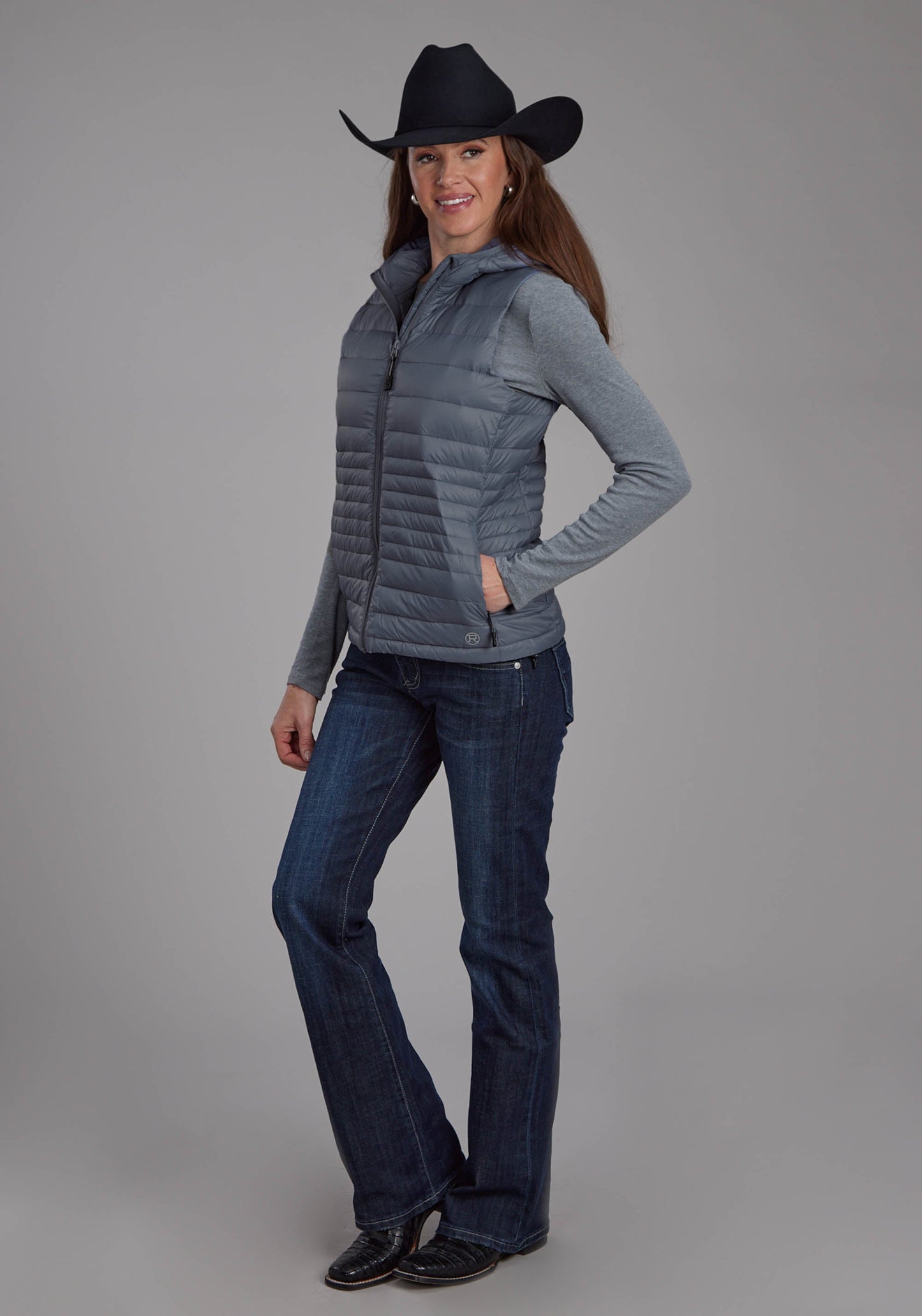Roper Womens Silver Blue Down Proof Coated Zipper Vest