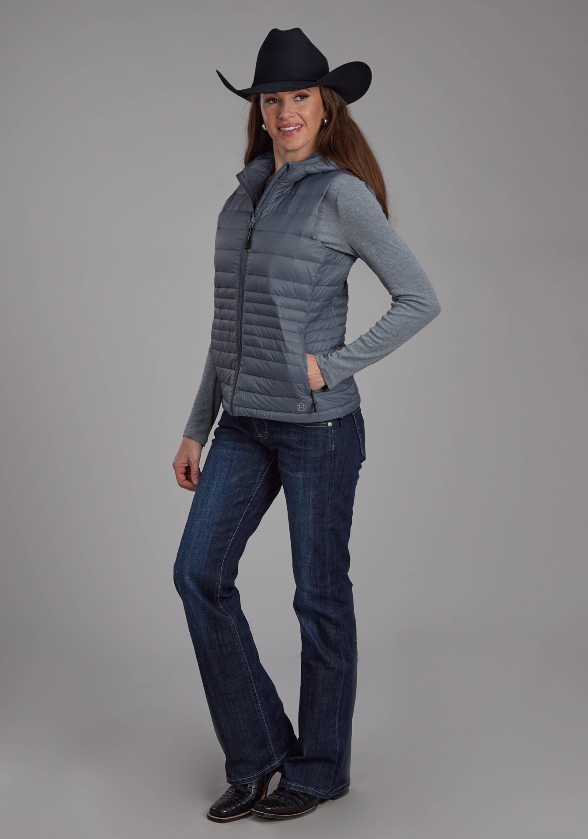 Roper Womens Silver Blue Down Proof Coated Zipper Vest