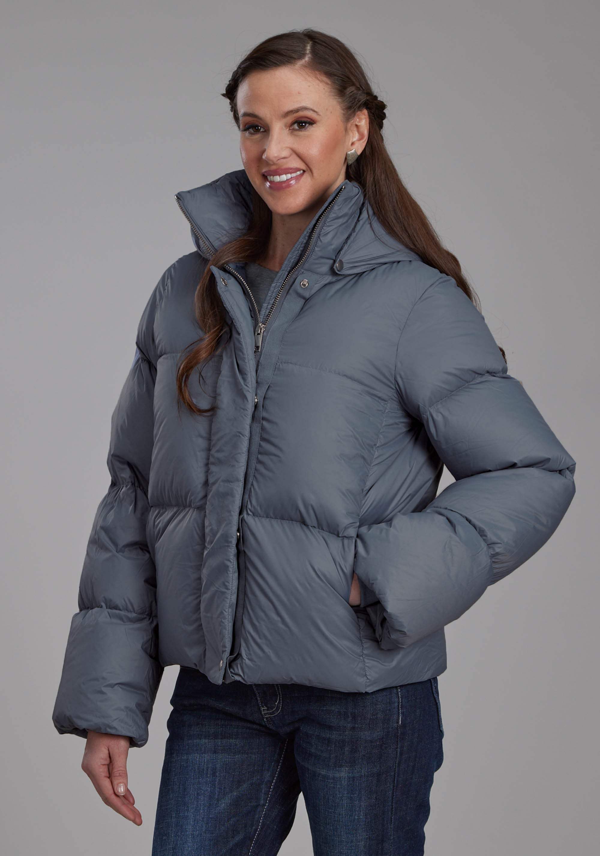 Roper Womens Silver Blue Nylon Dwn Puffer Coat Zipper Jacket - Roper - Flyclothing LLC