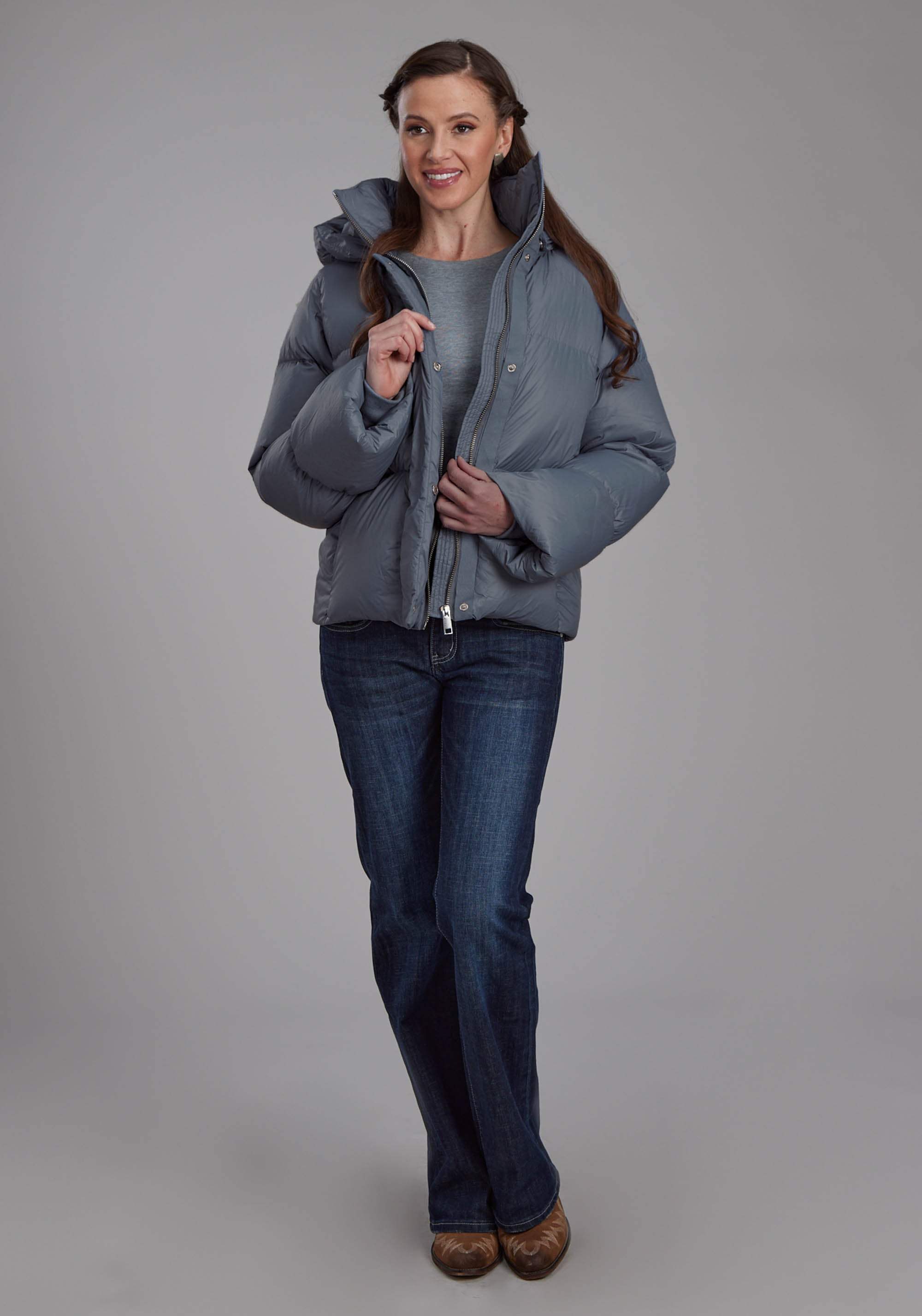 Roper Womens Silver Blue Nylon Dwn Puffer Coat Zipper Jacket - Roper - Flyclothing LLC
