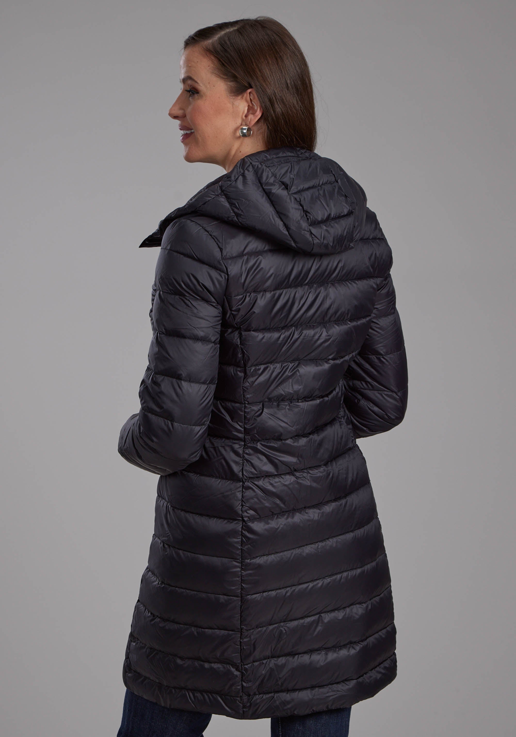 Roper Womens Black Nylon Down Proof Long Coat Zipper Jacket