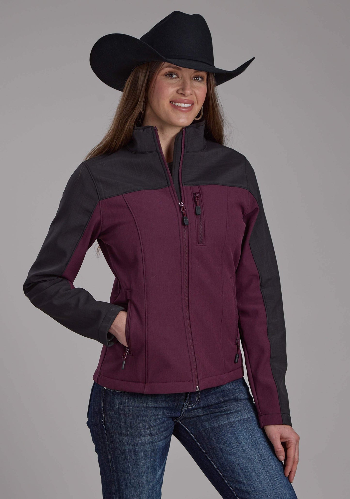 Roper Womens Wine Gray Pieced Softshell Zipper Jacket - Roper - Flyclothing LLC