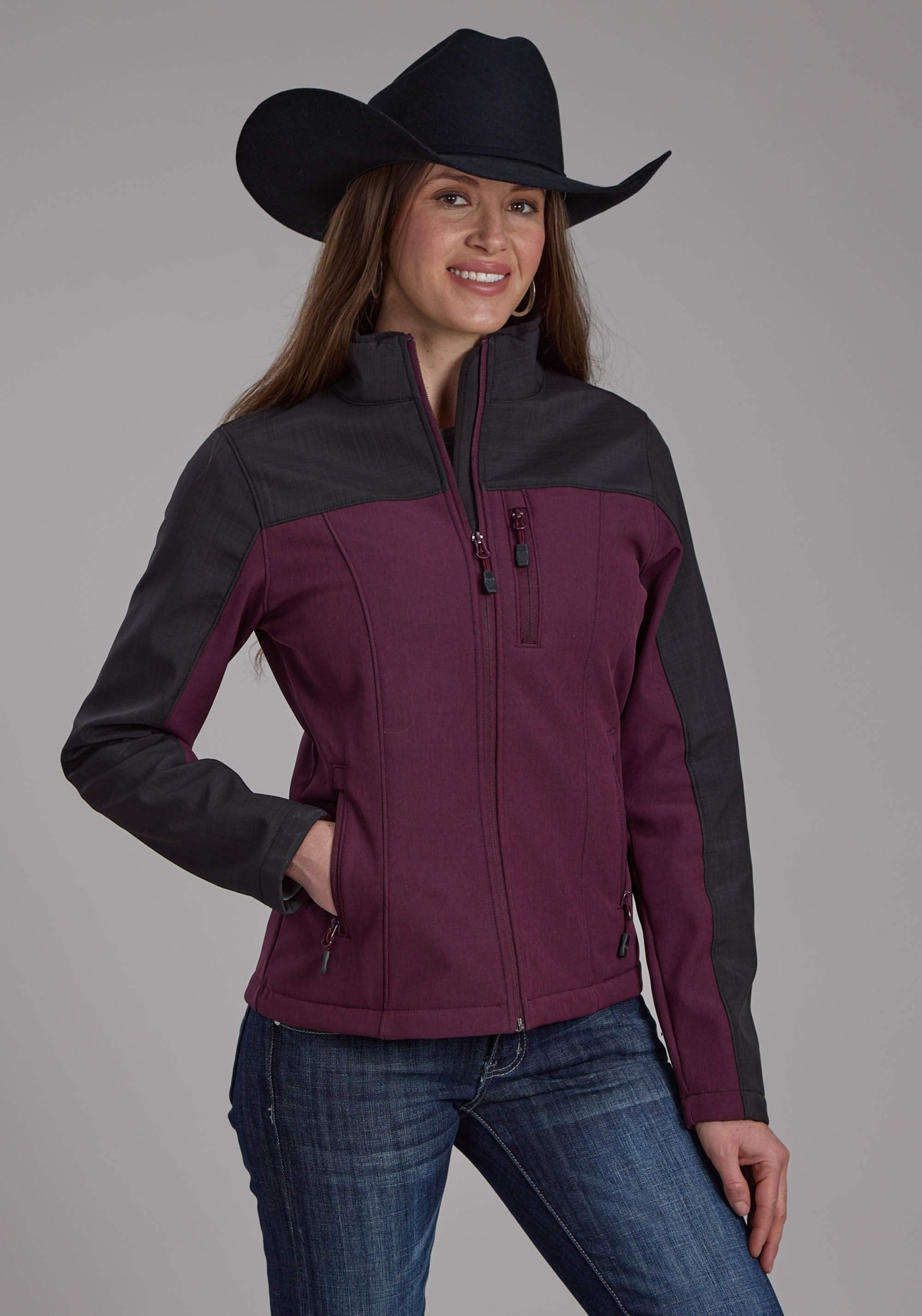 Roper Womens Wine Gray Pieced Softshell Zipper Jacket - Roper - Flyclothing LLC
