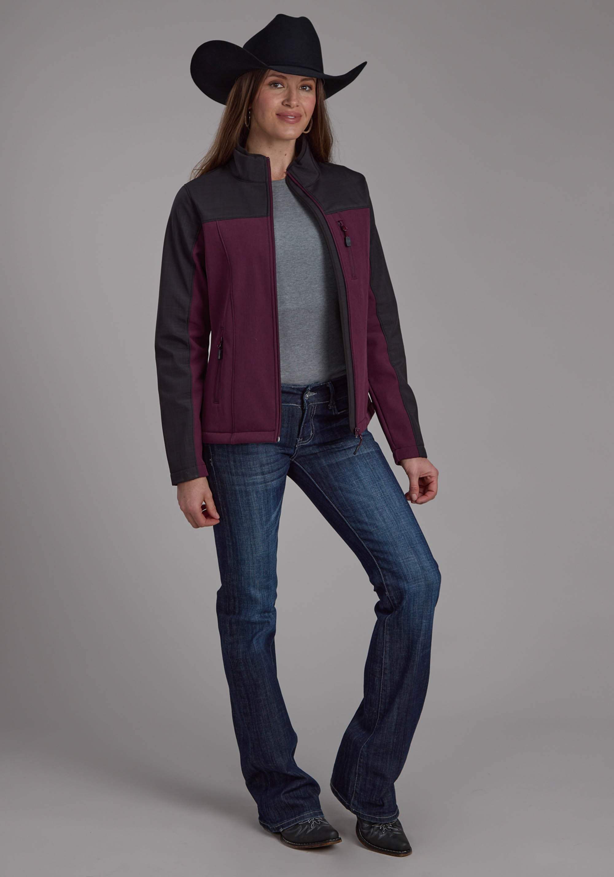 Roper Womens Wine Gray Pieced Softshell Zipper Jacket - Roper - Flyclothing LLC