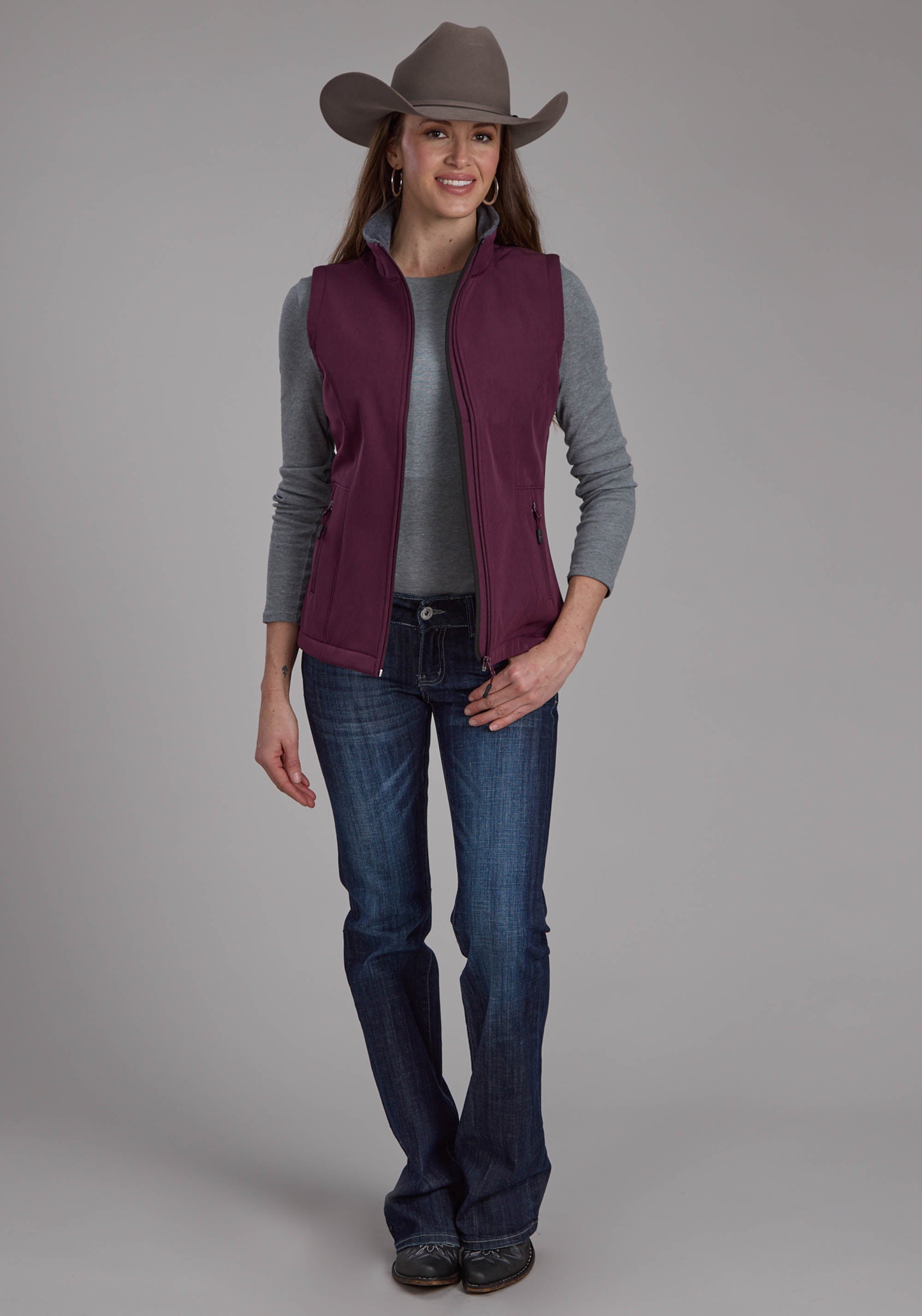 Roper Womens Wine Heather With Gray Fleece Zipper Vest