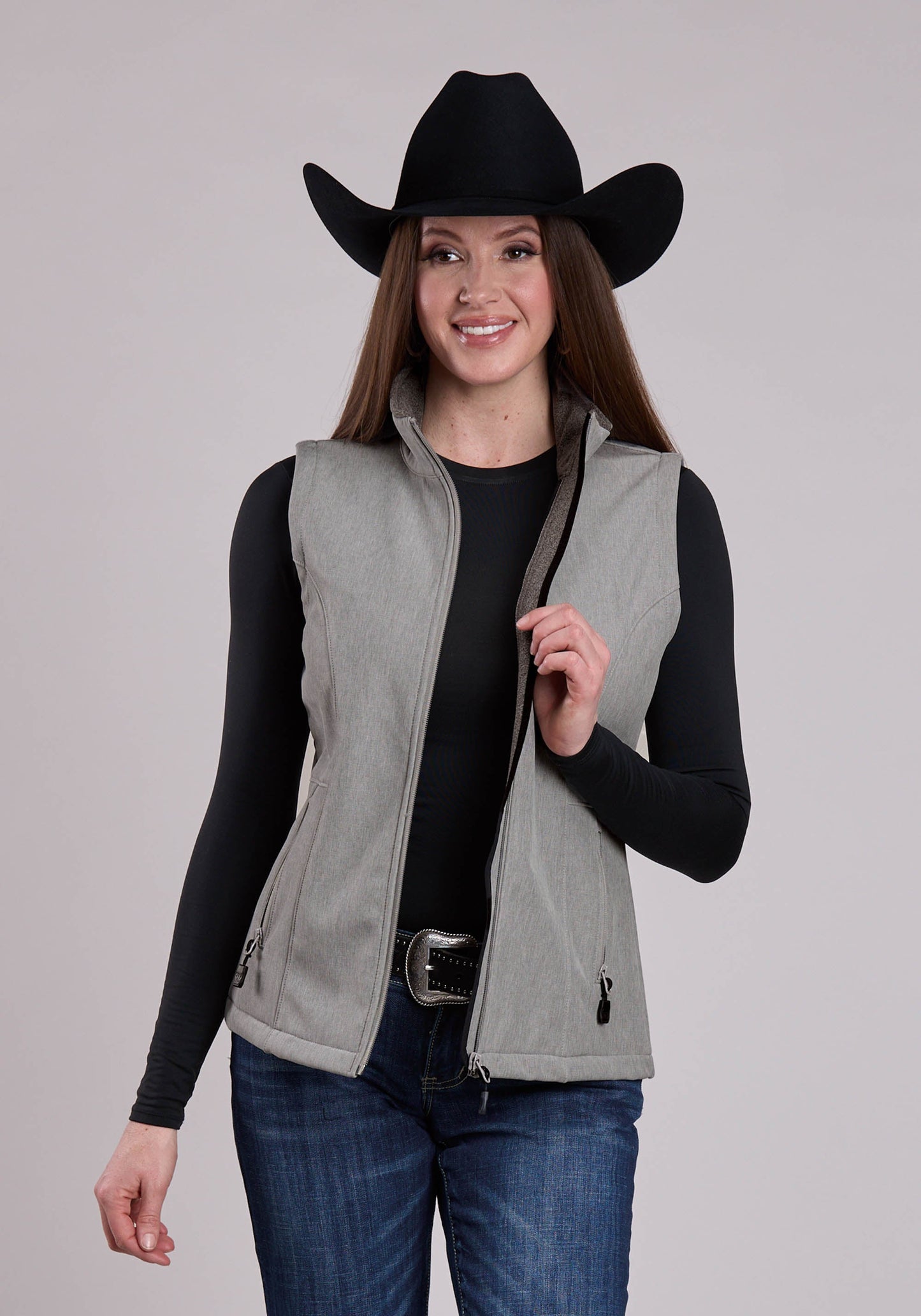 Roper Womens Vest Zipper Cream Grey Stripe Western Vest