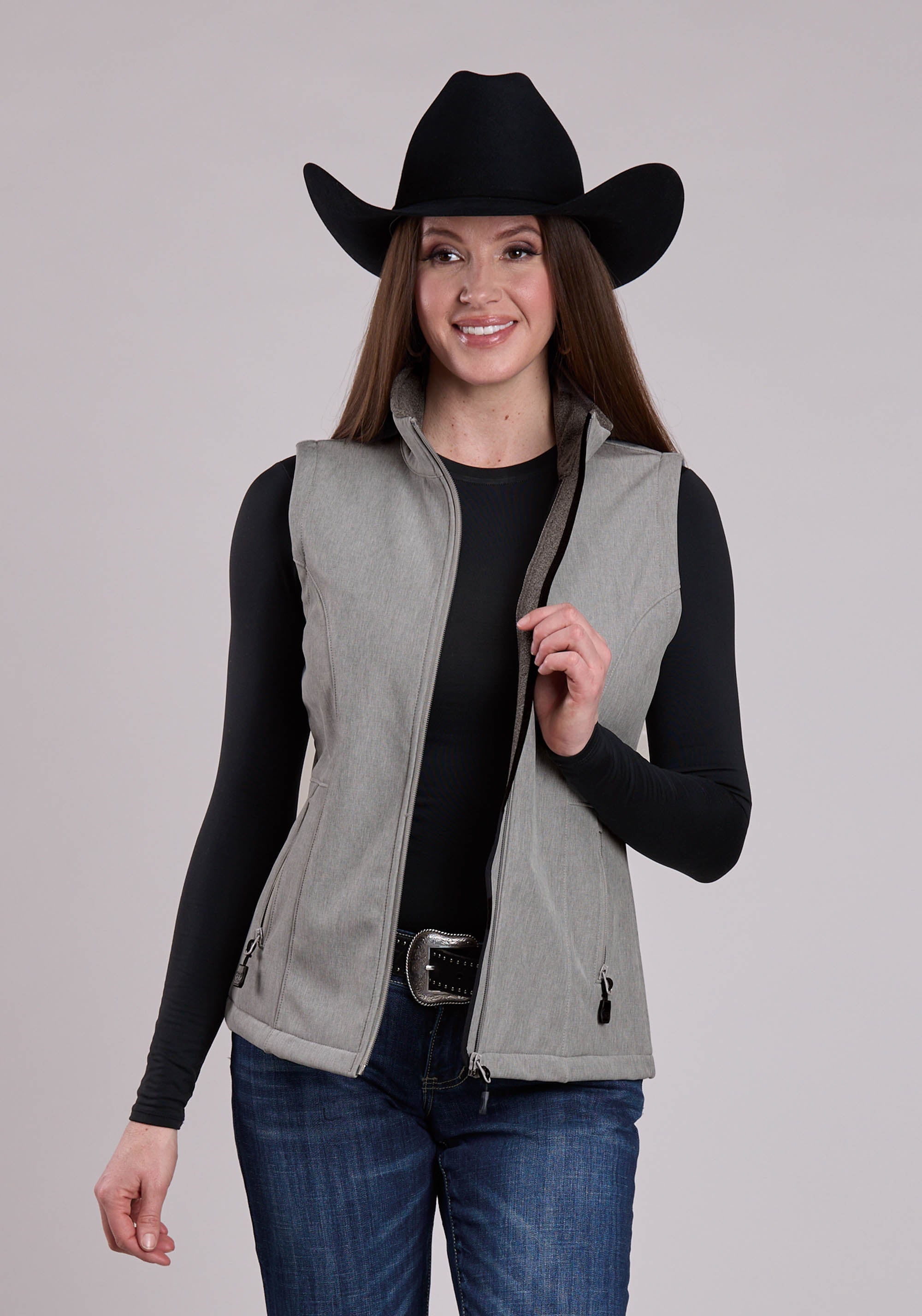 Roper Womens Vest Zipper Cream Grey Stripe Western Vest