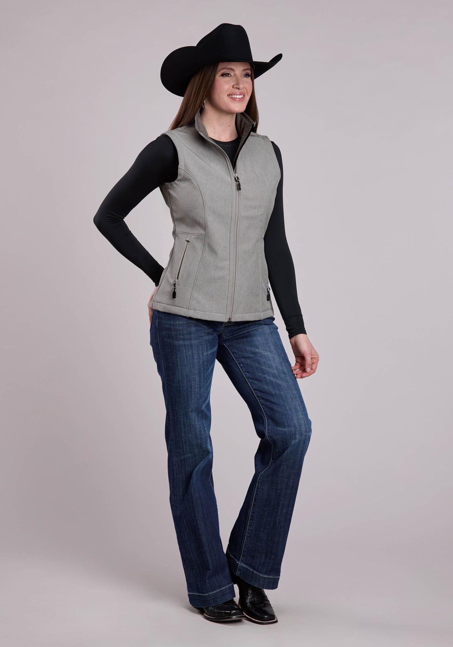 Roper Womens Vest Zipper Cream Grey Stripe Western Vest