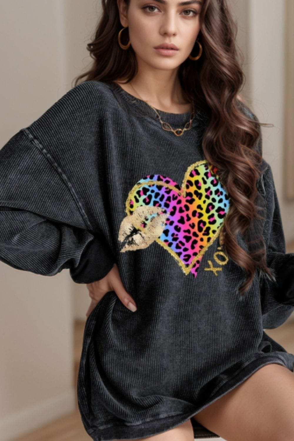 Leopard Heart Drop Shoulder Long Sleeve Sweatshirt - Trendsi - Flyclothing LLC
