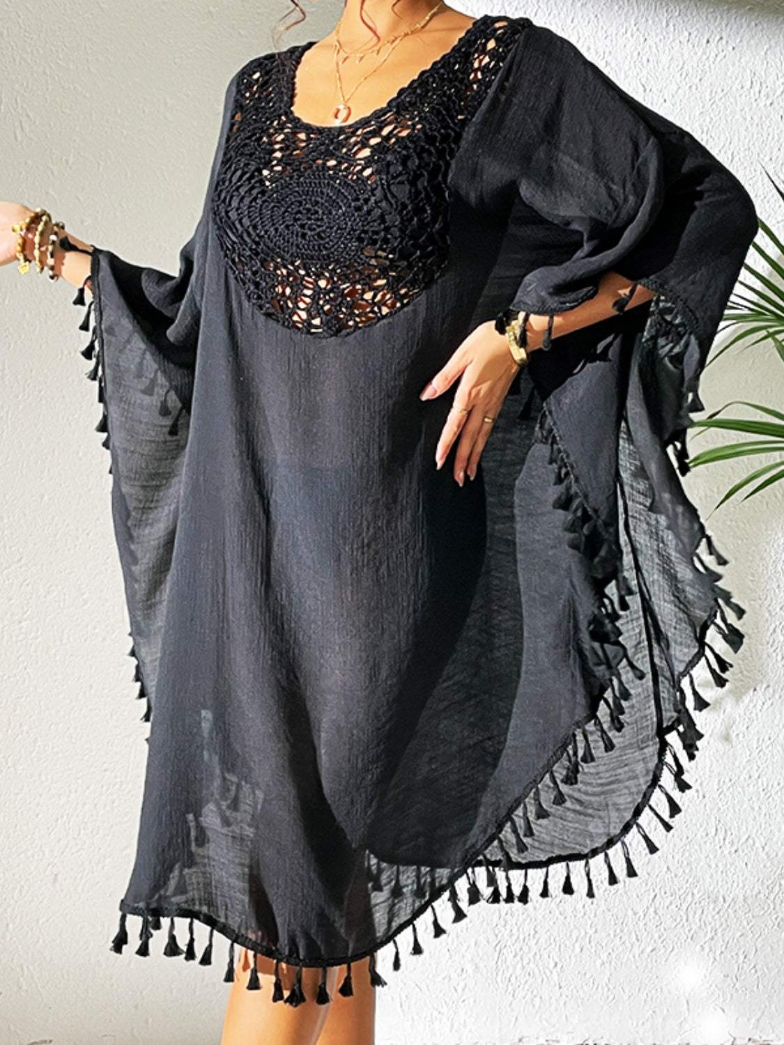 Tassel Cutout Scoop Neck Cover-Up Dress - Trendsi - Flyclothing LLC