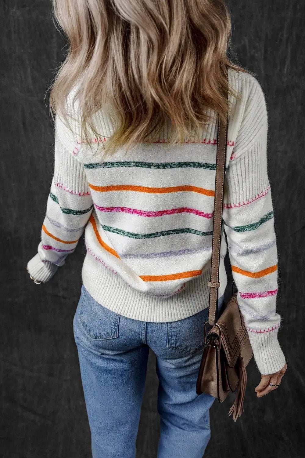 Striped Round Neck Dropped Shoulder Sweater - Trendsi - Flyclothing LLC