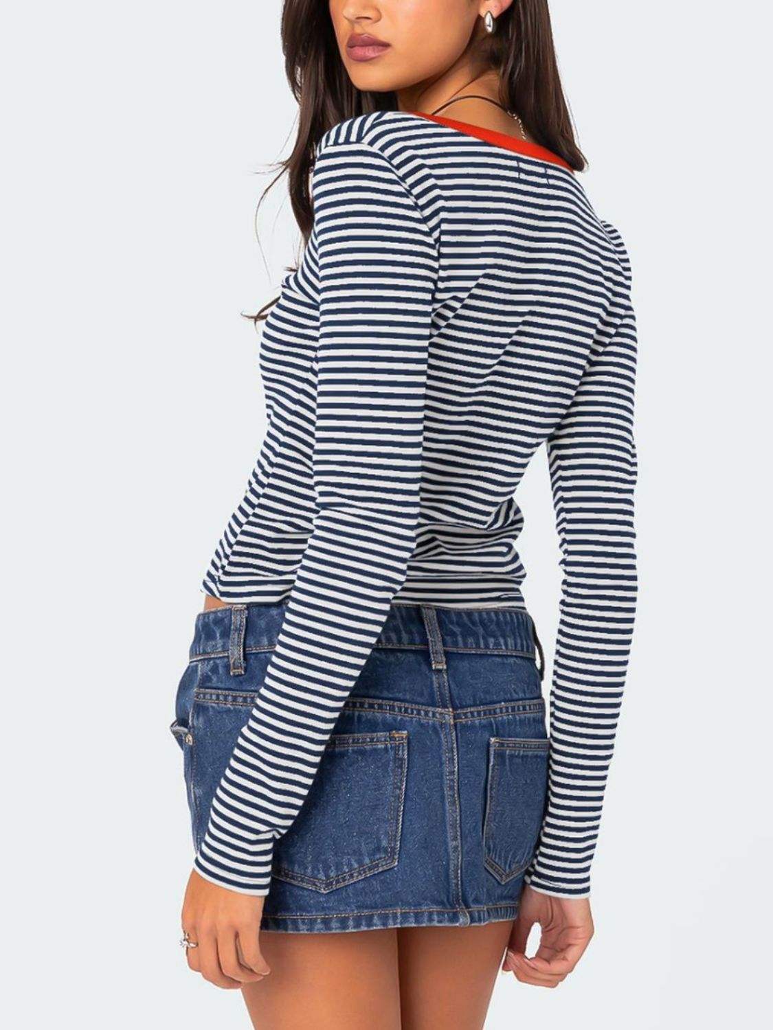 Buttoned Striped Long Sleeve T-Shirt - Trendsi - Flyclothing LLC