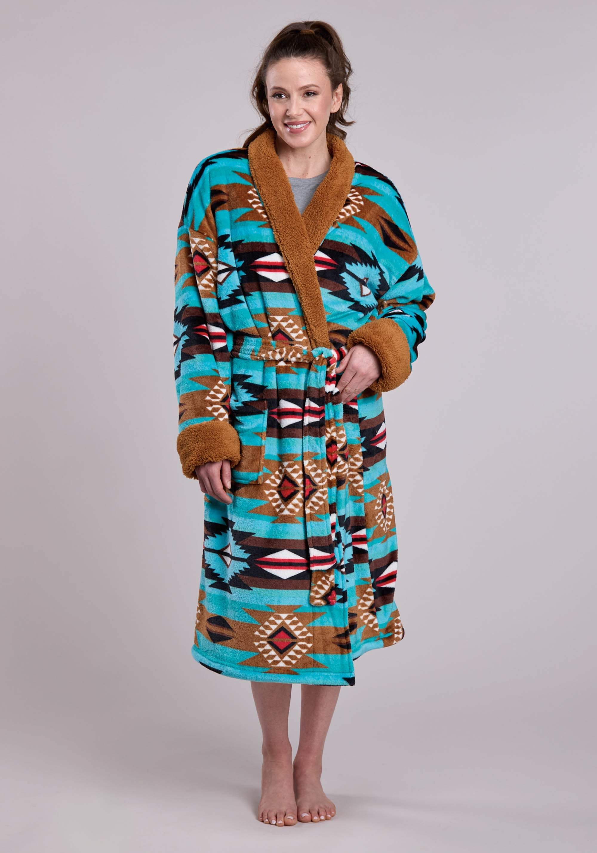 Roper Womens Turq Aztec Printed Fleece Robe One Piece Pullover One Piece - Roper - Flyclothing LLC