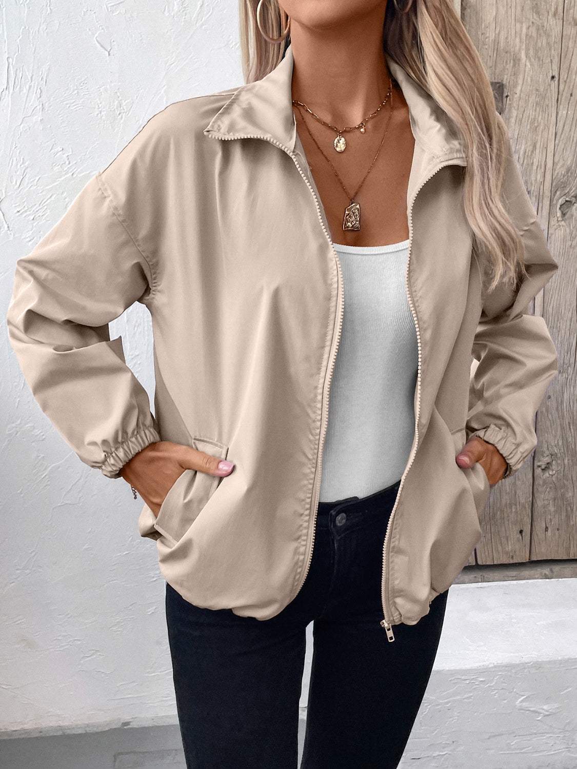 Pocketed Zip Up Long Sleeve Jacket - Trendsi - Flyclothing LLC