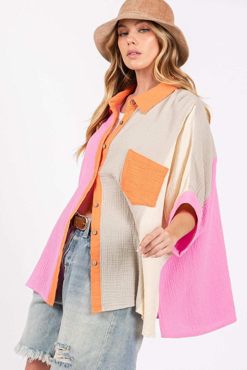 SAGE + FIG Full Size Color Block Button-Down Shirt - Trendsi - Flyclothing LLC