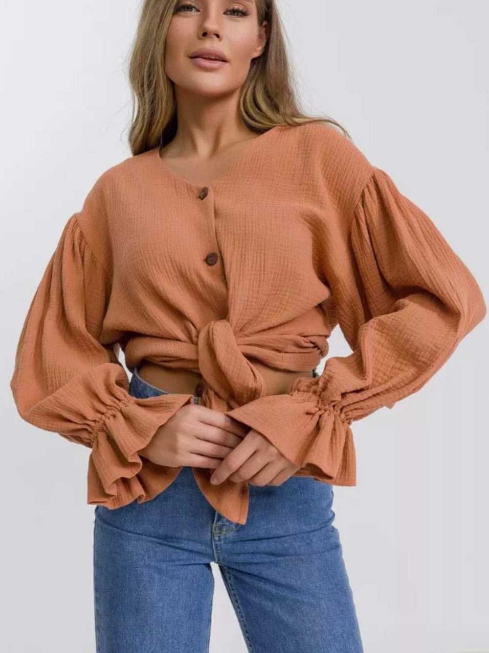Button Up Flounce Sleeve Shirt - Trendsi - Flyclothing LLC