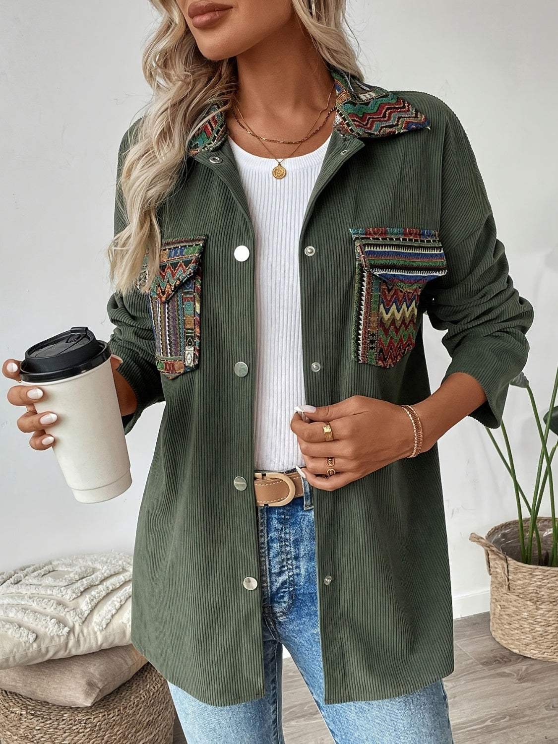 Snap Down Long Sleeve Jacket with Chest Pockets - Trendsi - Flyclothing LLC