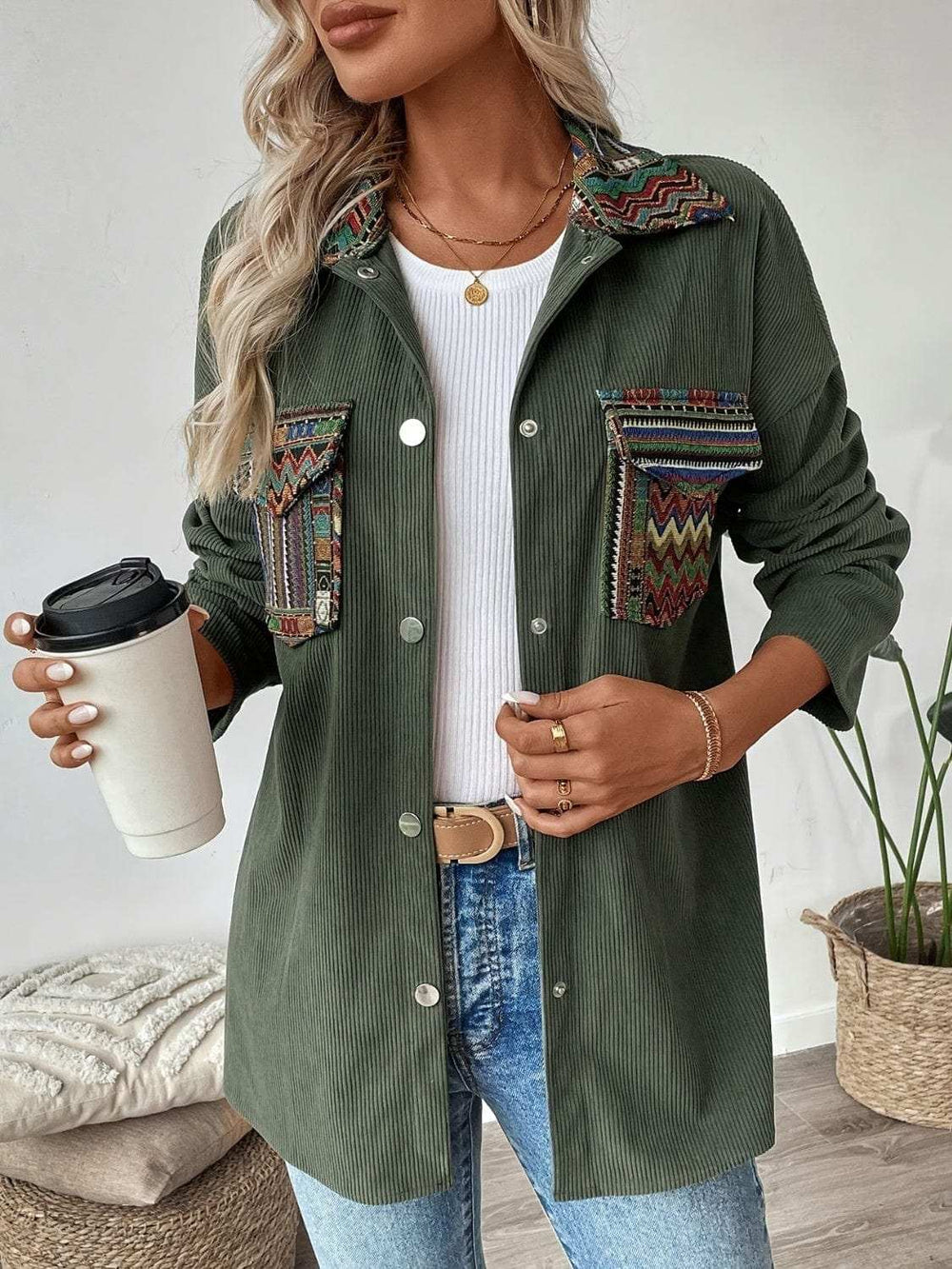 Snap Down Long Sleeve Jacket with Chest Pockets - Trendsi - Flyclothing LLC