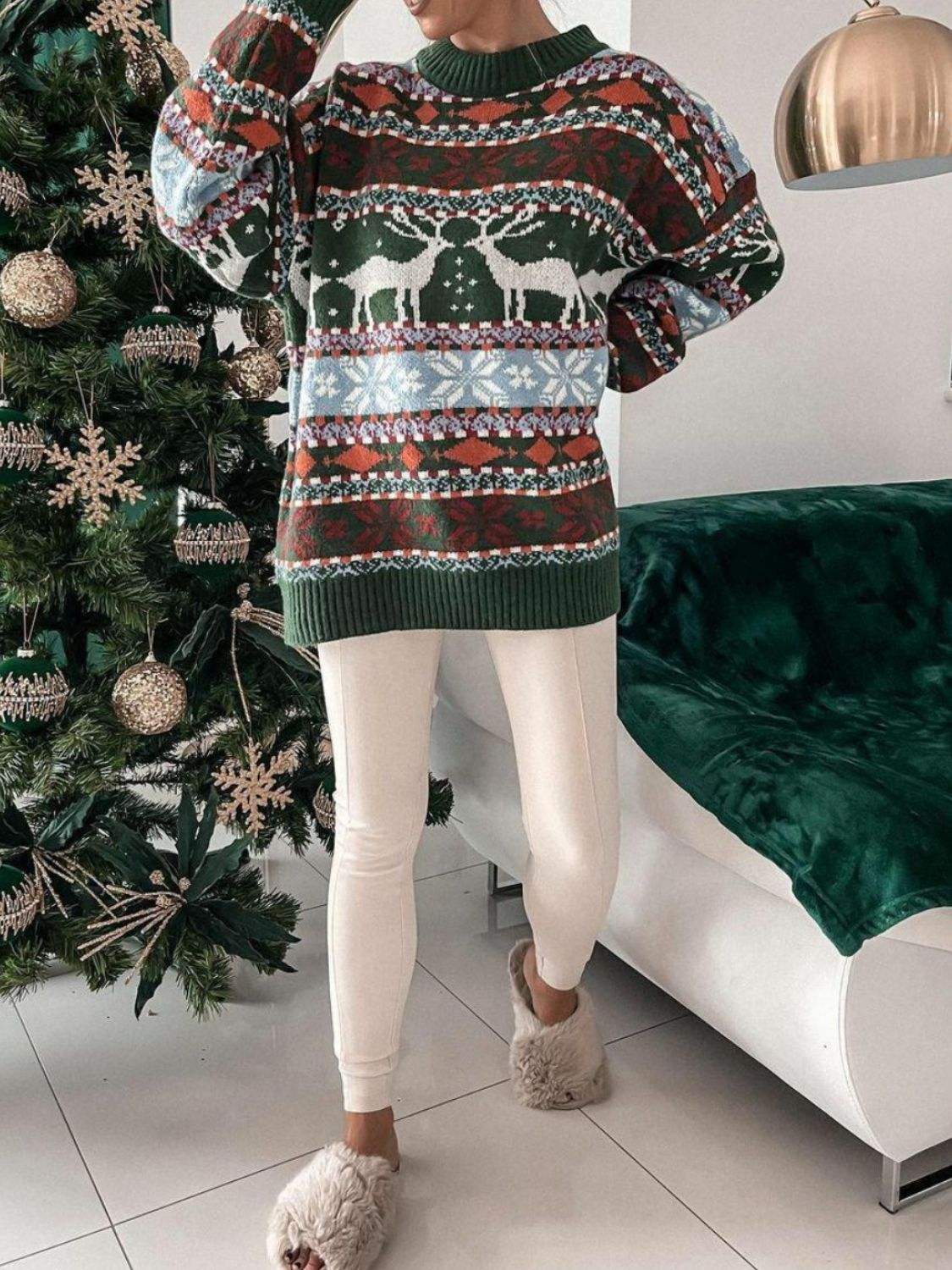 Geometric Round Neck Dropped Shoulder Sweater - Trendsi - Flyclothing LLC