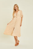 HEYSON Full Size Textured Linen V-Neck Button-Down Midi Dress - Trendsi