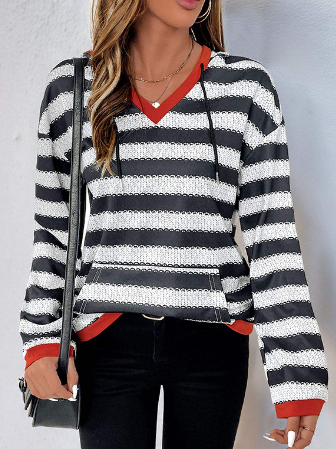 Perfee Contrast Striped Long Sleeve Hoodie - Trendsi - Flyclothing LLC