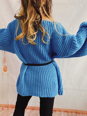 Boat Neck Long Sleeve Sweater with Belt - Trendsi