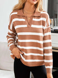 Many Striped Johnny Collar Long Sleeve Sweater - Trendsi - Flyclothing LLC