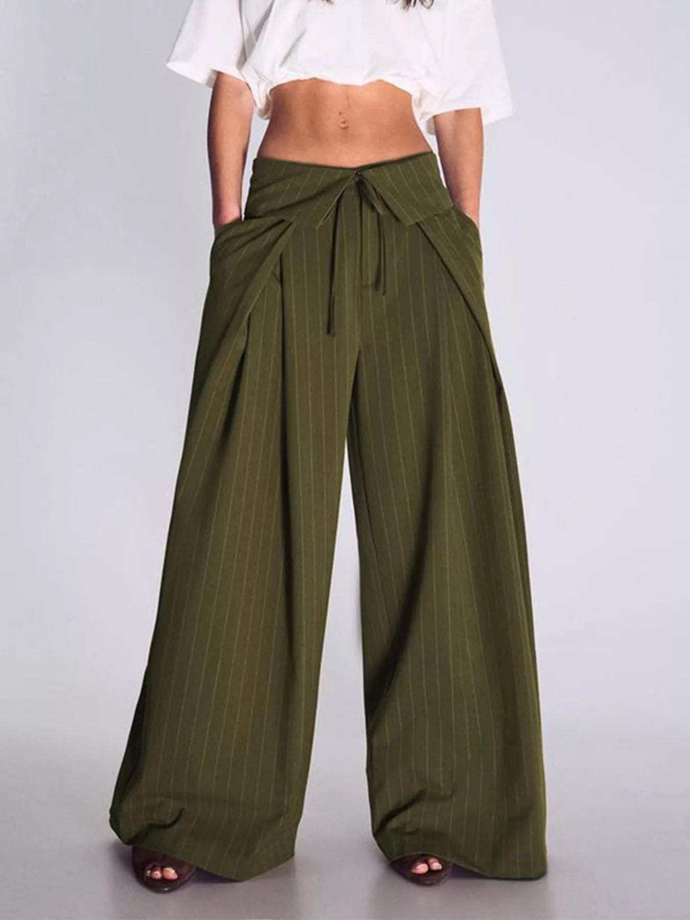 High-Waisted Wide-Leg Pinstripe Pants - Trendsi - Flyclothing LLC