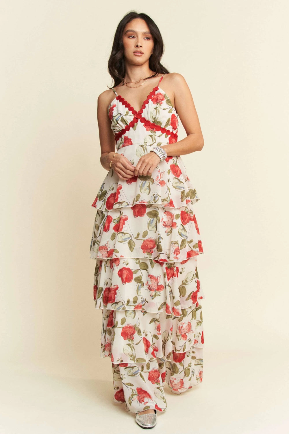 Davi & Dani Contrast Ring Lace Layered Ruffle Maxi Cami Dress - Trendsi