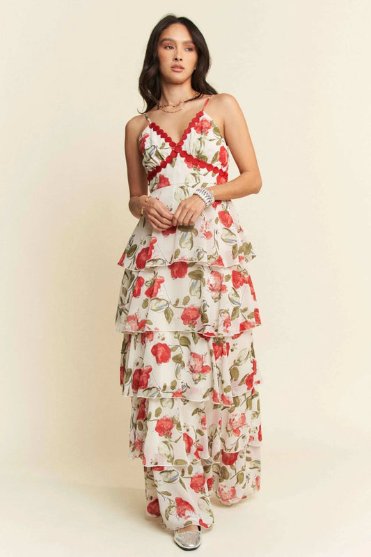 Davi & Dani Contrast Ring Lace Layered Ruffle Maxi Cami Dress - Trendsi - Flyclothing LLC