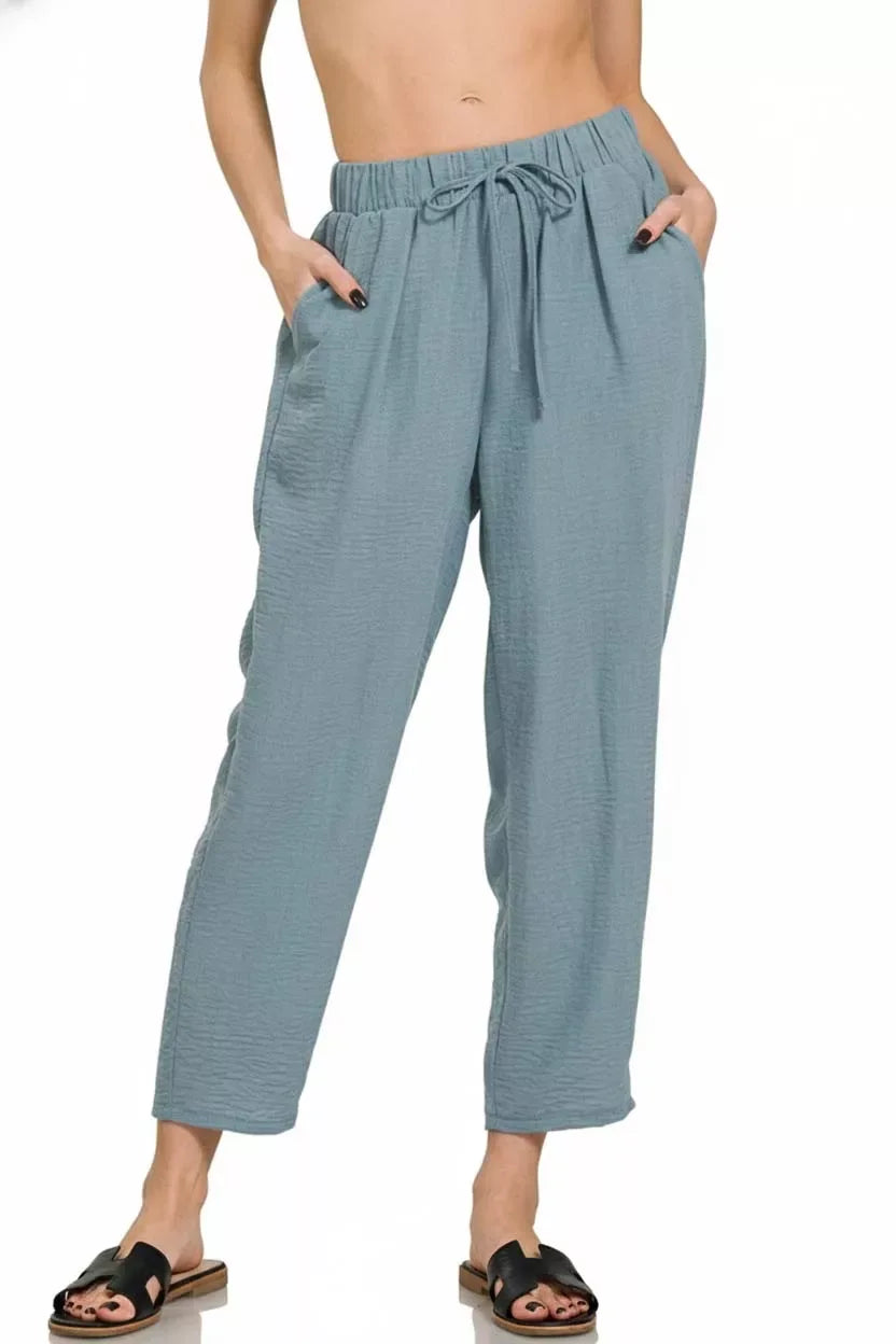 Zenana Woven Crepe Elastic Band Waist Pants - Trendsi - Flyclothing LLC