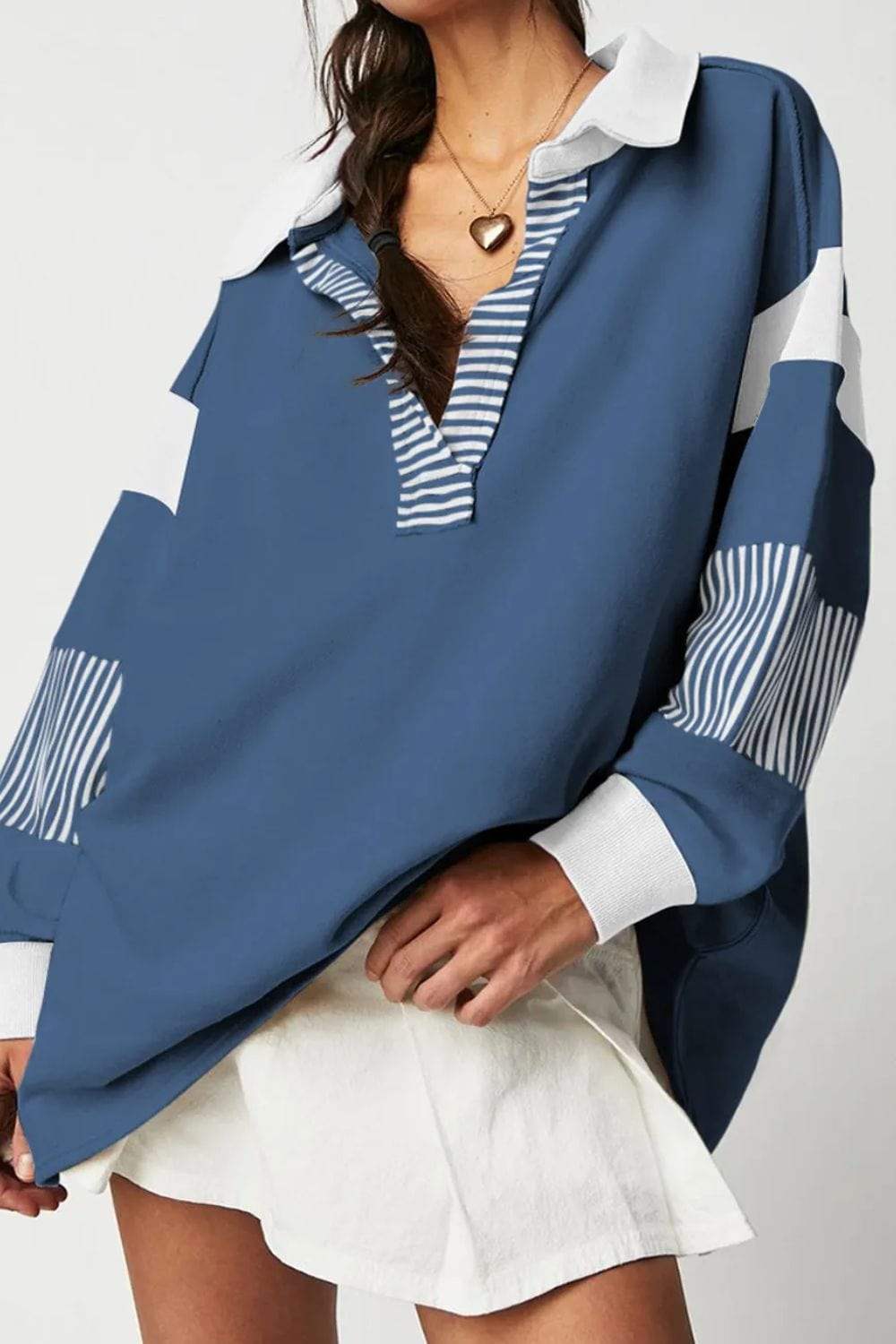 Collared Neck Long Sleeve Sweatshirt - Trendsi - Flyclothing LLC