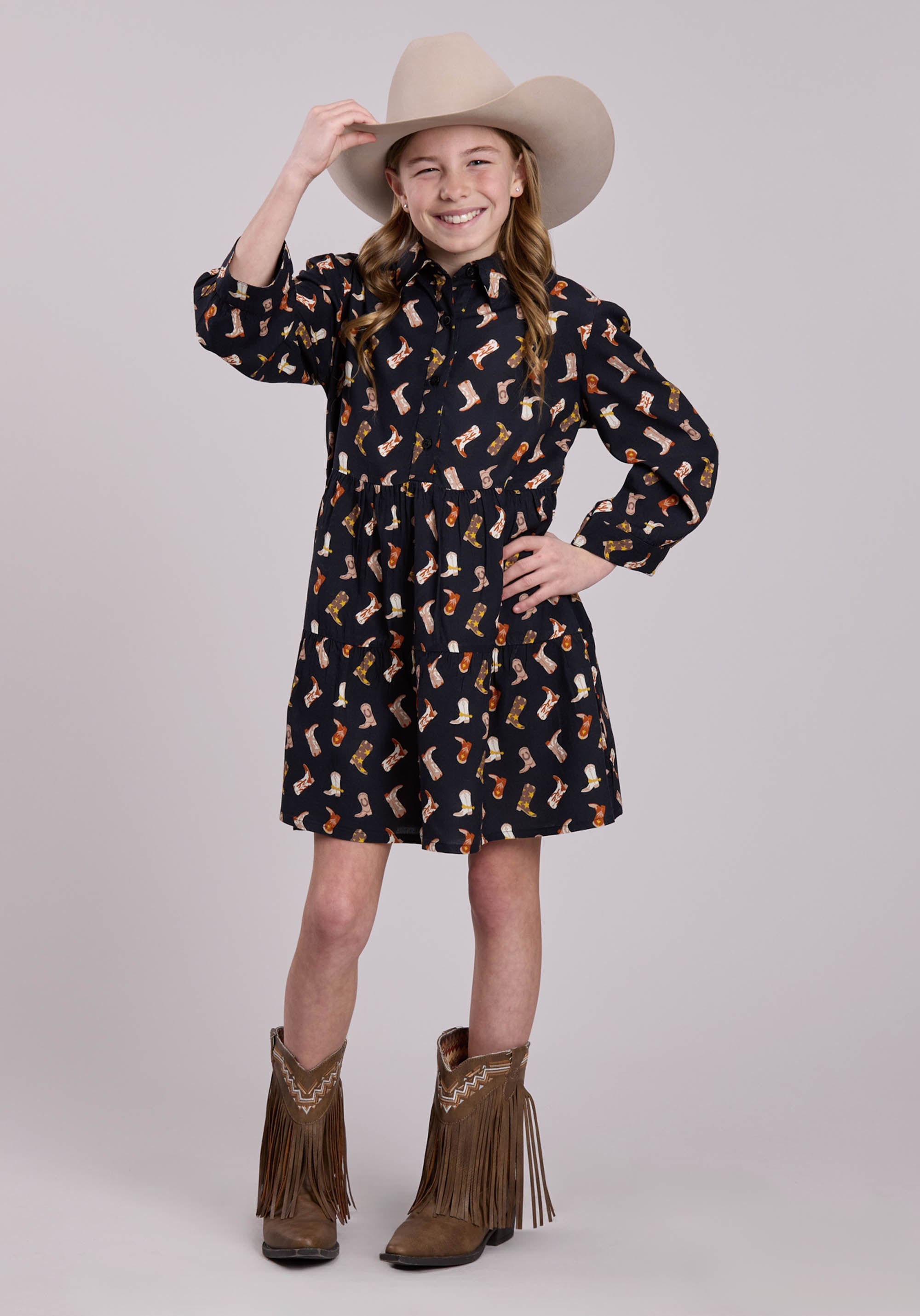 Roper Girls Short Sleeve Dress Button Boot Printed Rayon Babydoll Western Dress