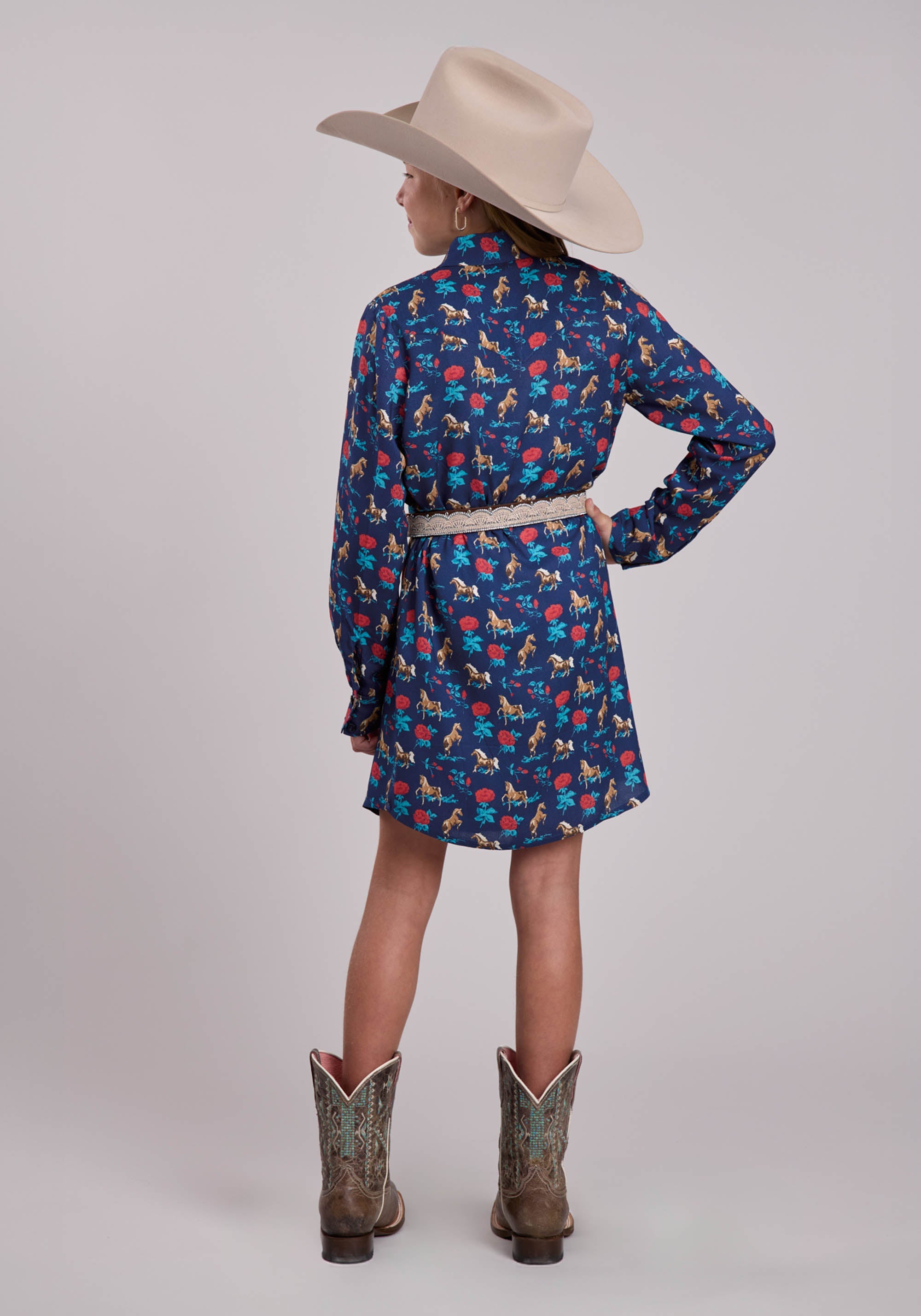 Girls Roper Navy Roses Printed Rayon Long Sleeve Dress