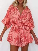 Printed Tie Waist Half Sleeve Romper - Trendsi - Flyclothing LLC